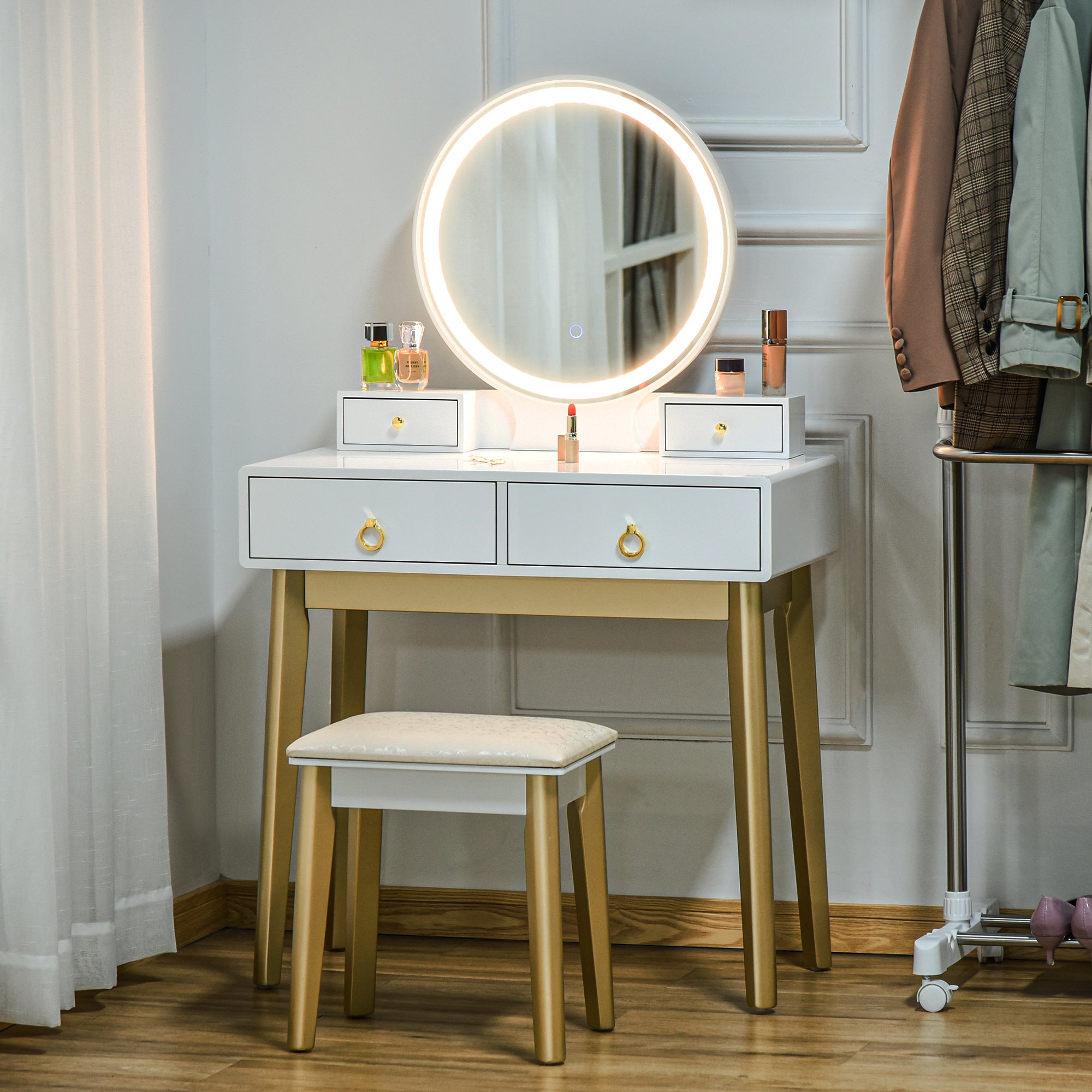 HOMCOM Dressing Table Set with Mirror, Built-in 3 Color LED Light, Vanity Makeup Table with 4 Drawers and Cushioned Stool for Bedroom, White - North Peak Garden Furniture