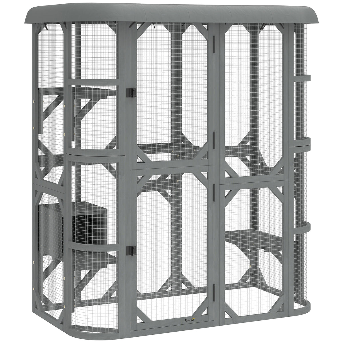 PawHut Catio Outdoor Cat Enclosure, Wooden Cat House with Platforms, Condo and Waterproof Cover for 2–3 Kittens, Grey