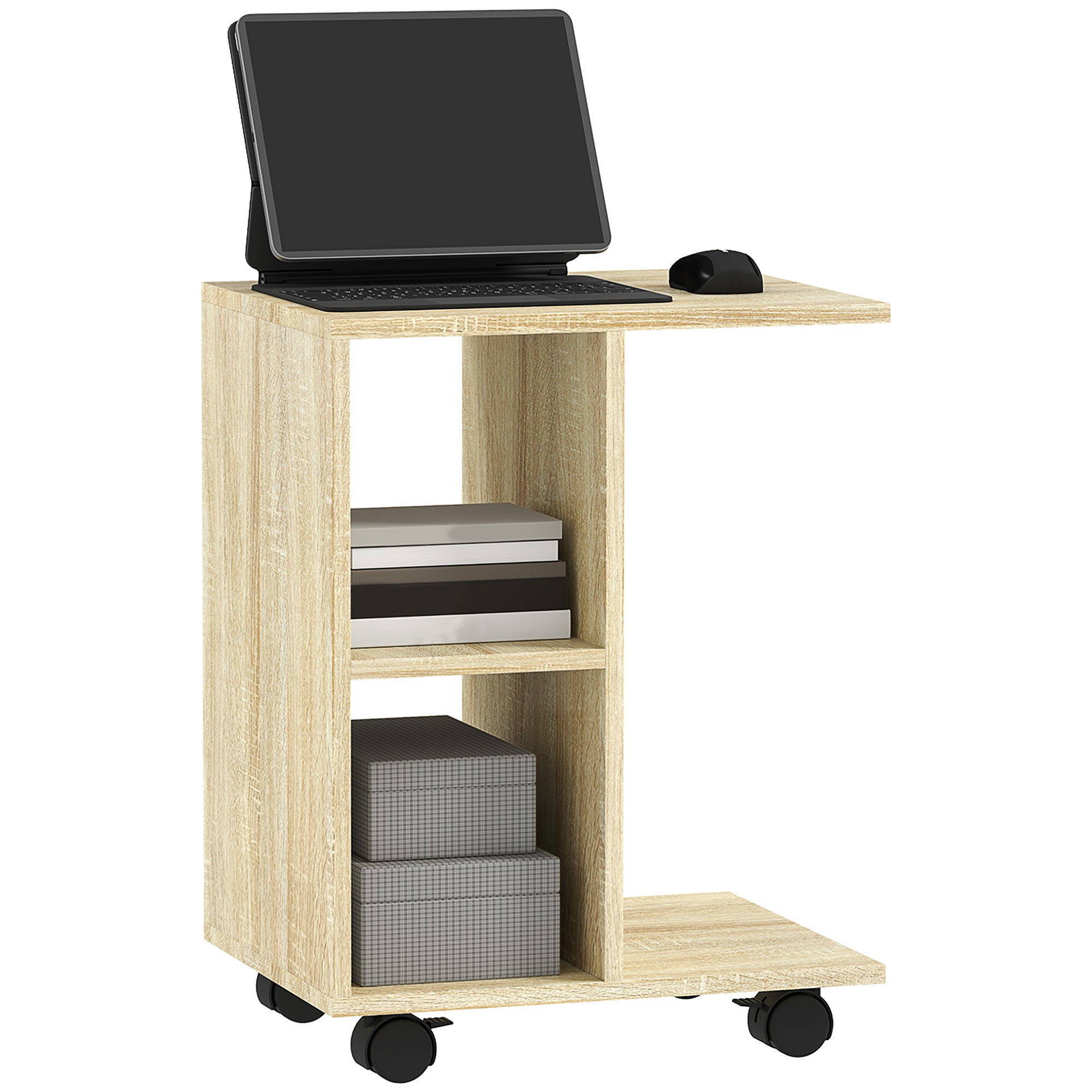 HOMCOM C-Shape End Table Unique Storage Unit w/ 2 Shelves 4 Wheels Freestanding Home Office Furniture Cabinet Square Studio Natural - North Peak Garden Furniture