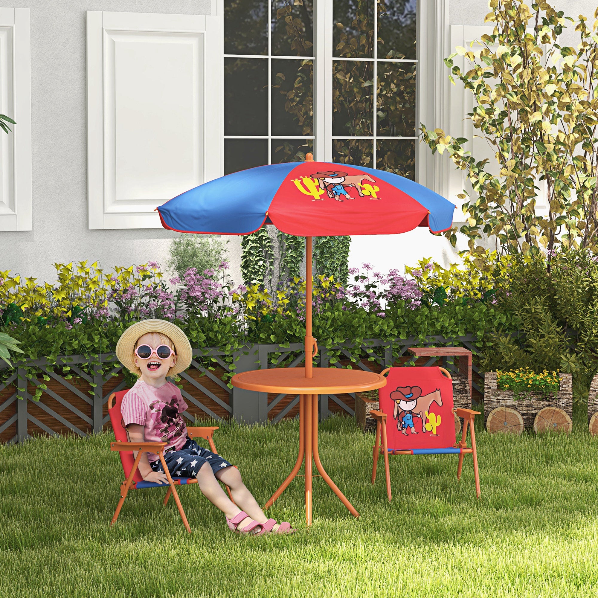 Outsunny Kids Picnic Table and Chair Set, Cowboy Themed Outdoor Garden Furniture w/ Foldable Chairs, Adjustable Parasol - North Peak Garden Furniture