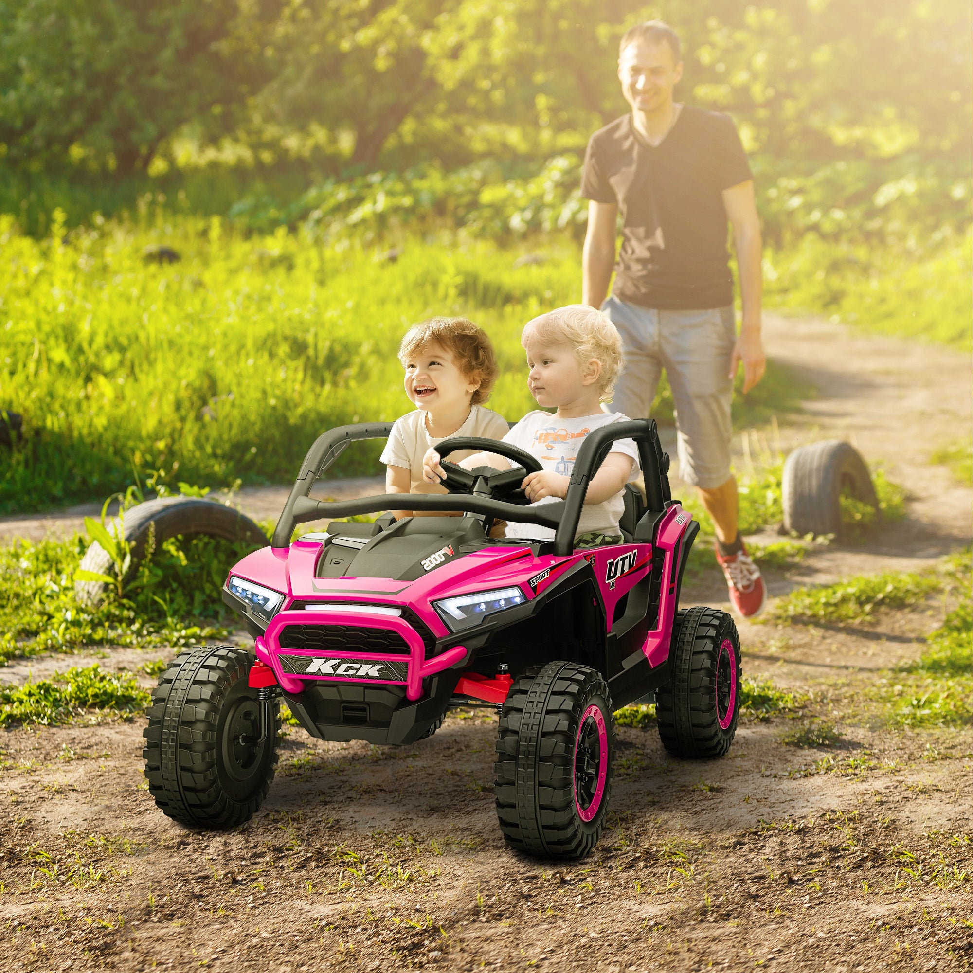 AIYAPLAY 2 Seater 24V 7AH Ride on Truck, Battery Powered Electric Ride On Car w/ Remote, Suspension, 3 Speeds - Pink - North Peak Garden Furniture