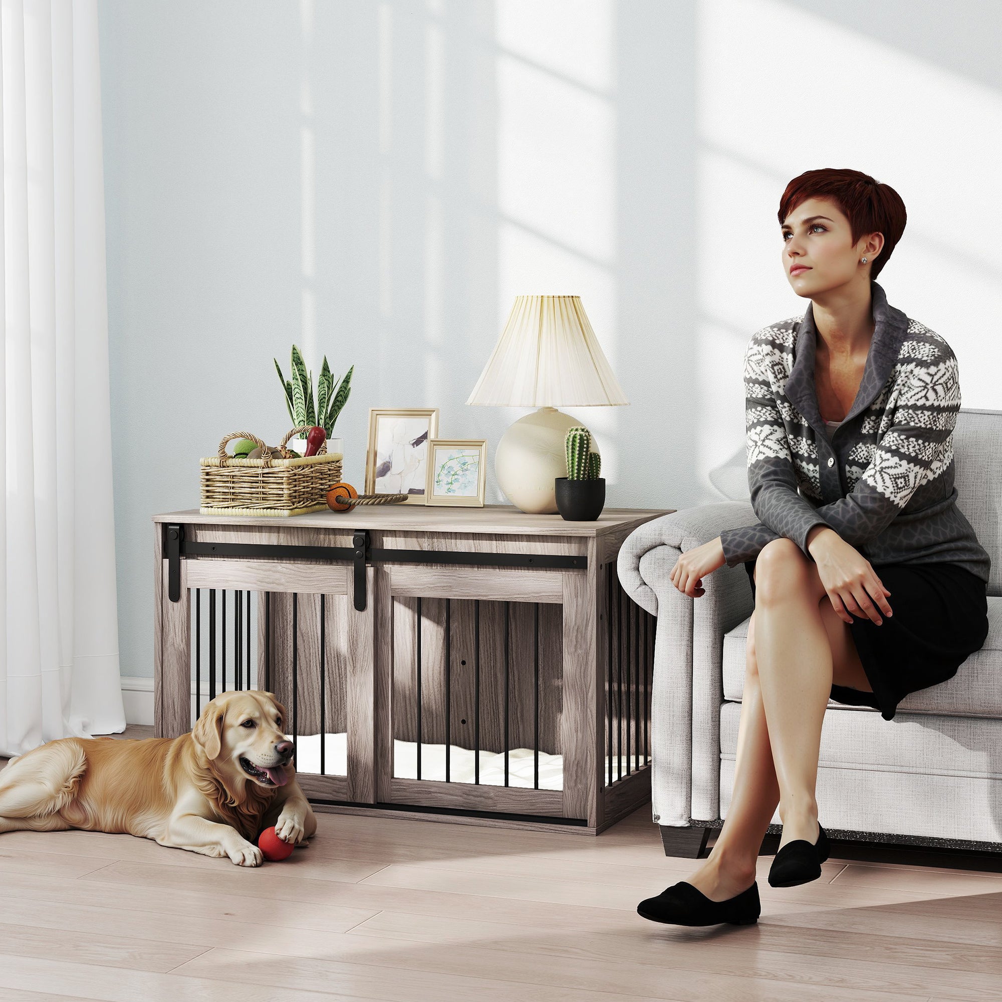 PawHut 98cm Dog Crate Furniture with Removable Cushion for Large Dogs - Brown - North Peak Garden Furniture