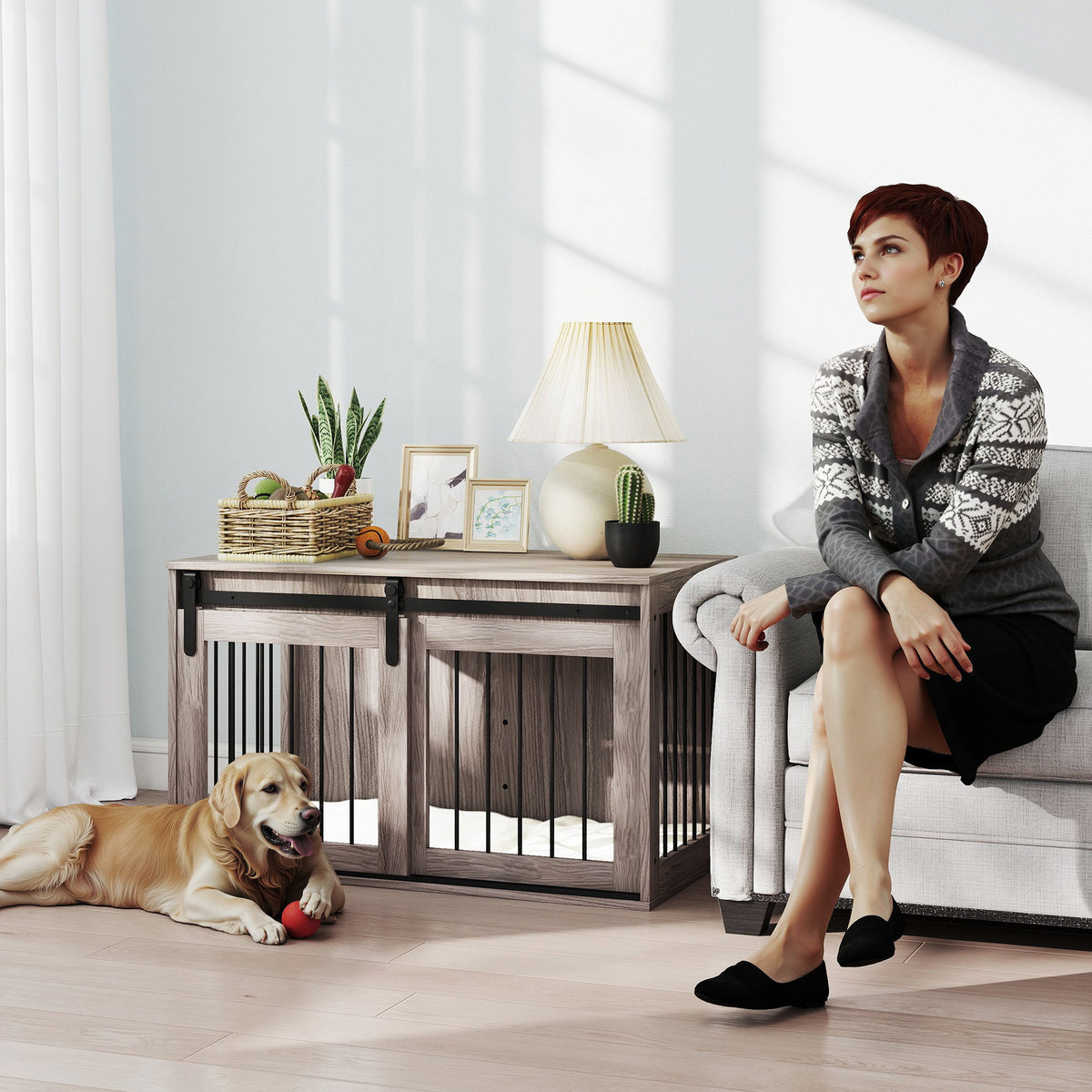 PawHut 98cm Dog Crate Furniture with Removable Cushion for Large Dogs - Brown