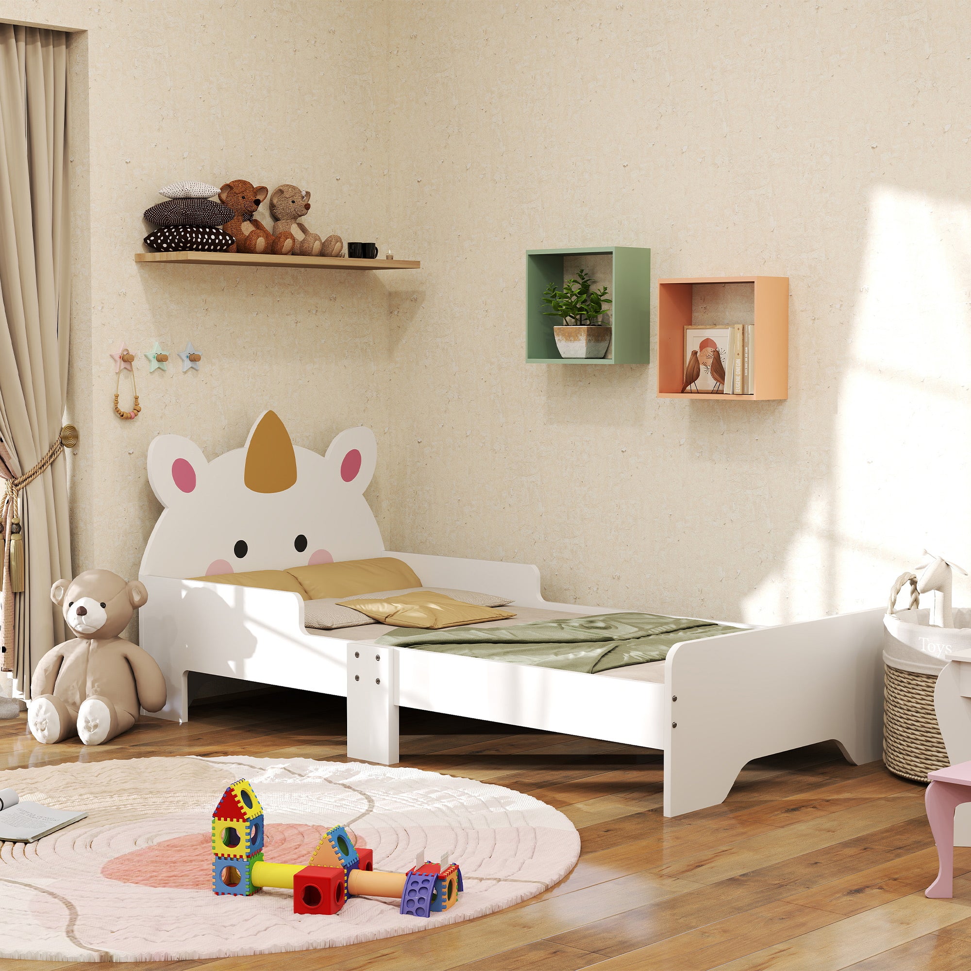ZONEKIZ Unicorn-Designed Toddler Bed, Kids Bedroom Furniture, for Ages 3-6 Years, 143 x 74 x 67cm - White - North Peak Garden Furniture