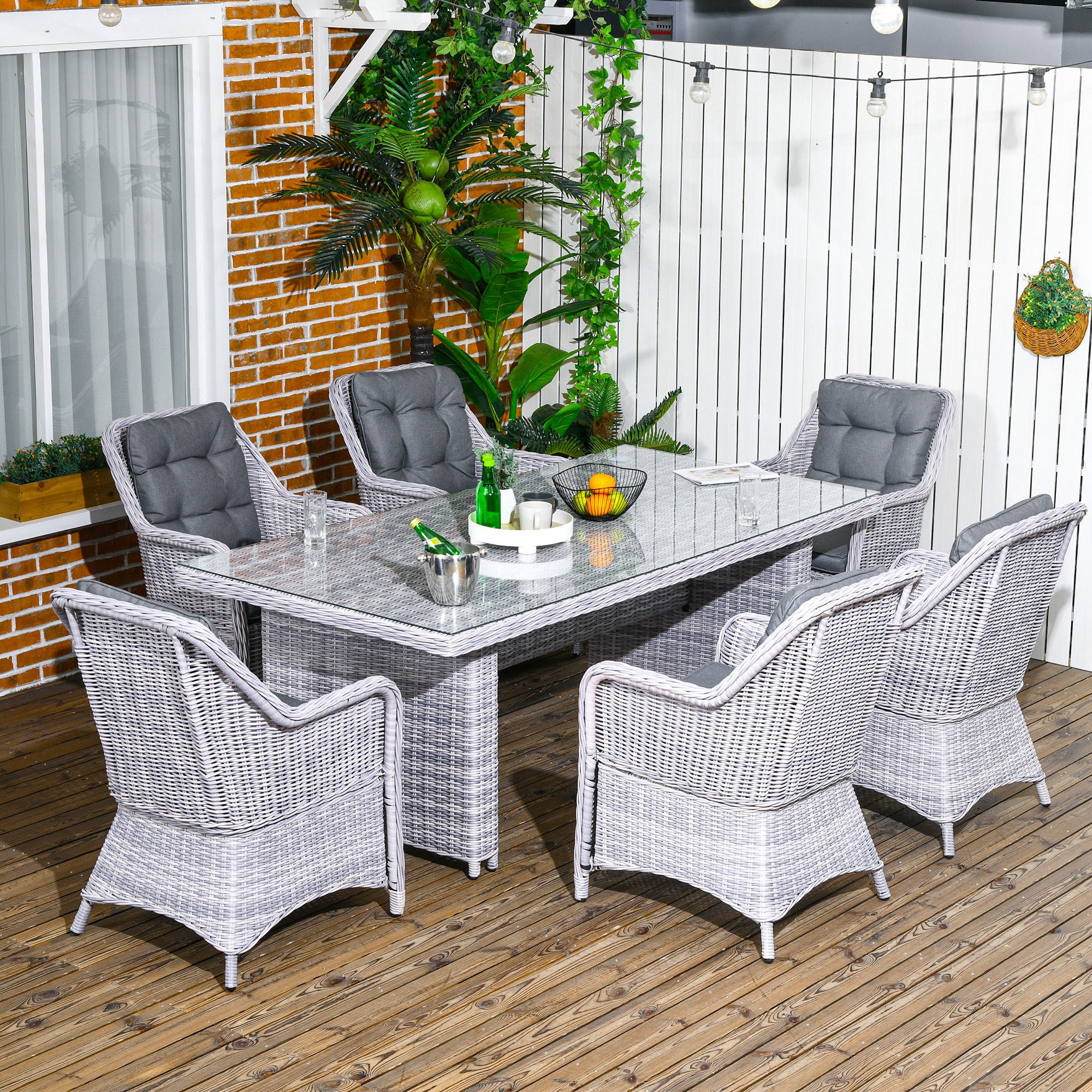 Outsunny 6 Seater Rattan Dining Set, Round PE Rattan Garden Furniture Set with Seat and Back Cushions, Aluminium Outdoor Dining Table and Chairs with 6 Armchairs, Rectangular Glass Top Table, Grey - North Peak Garden Furniture