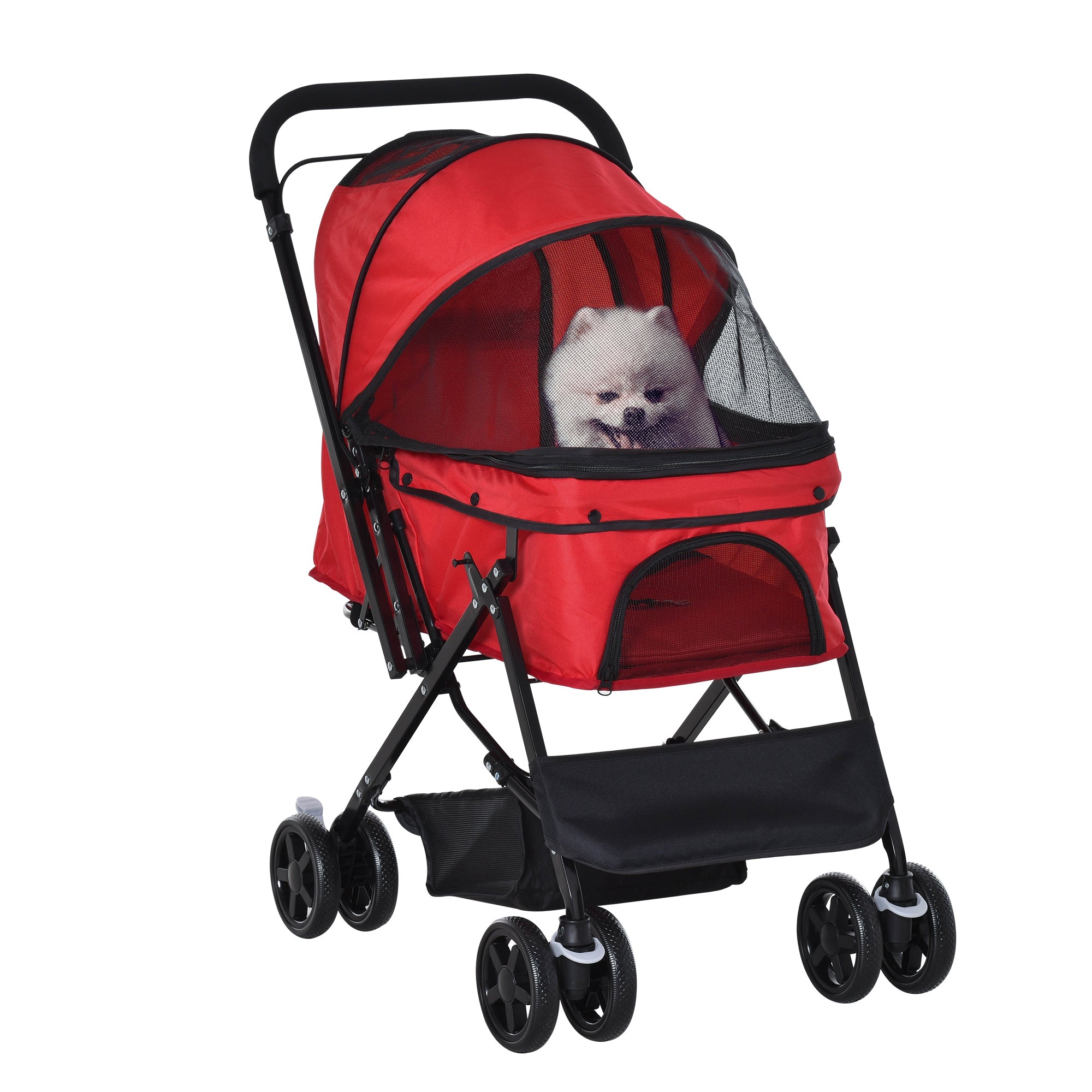 PawHut Pet Stroller Pushchair Foldable Travel Dog Cat Carriage w/ Reversible Handle Brake Basket - North Peak Garden Furniture