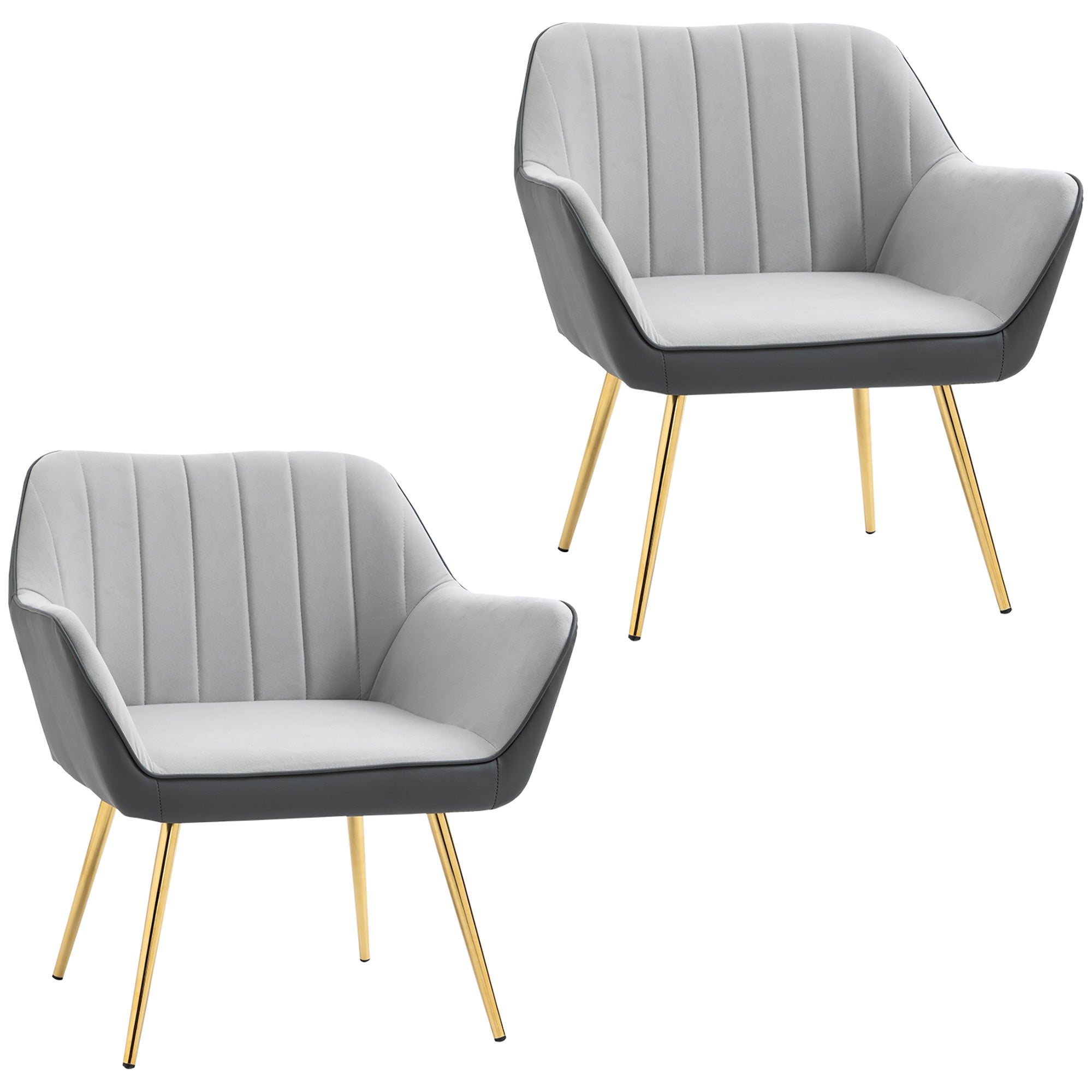 HOMCOM Velvet Armchairs, Upholstered Accent Chairs with Golden Steel Legs, Modern Vanity Chairs for Living Room and Bedroom, Set of 2, Light Grey - North Peak Garden Furniture