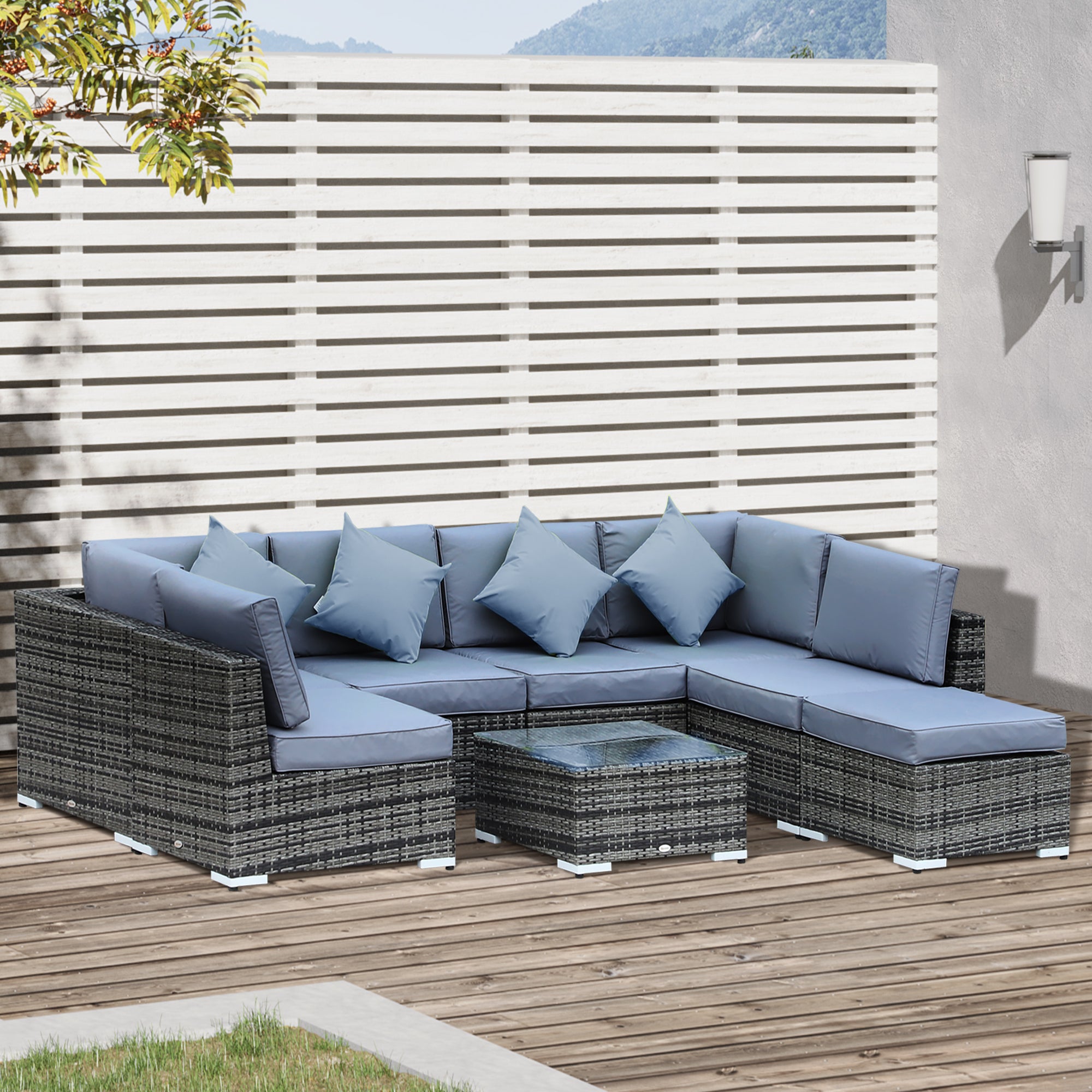 Outsunny 8 Pieces PE Rattan Corner Sofa Set with Thick Cushions, Aluminium Outdoor Rattan Garden Furniture Set with Glass Top Table, No Assembly Required, Grey - North Peak Garden Furniture