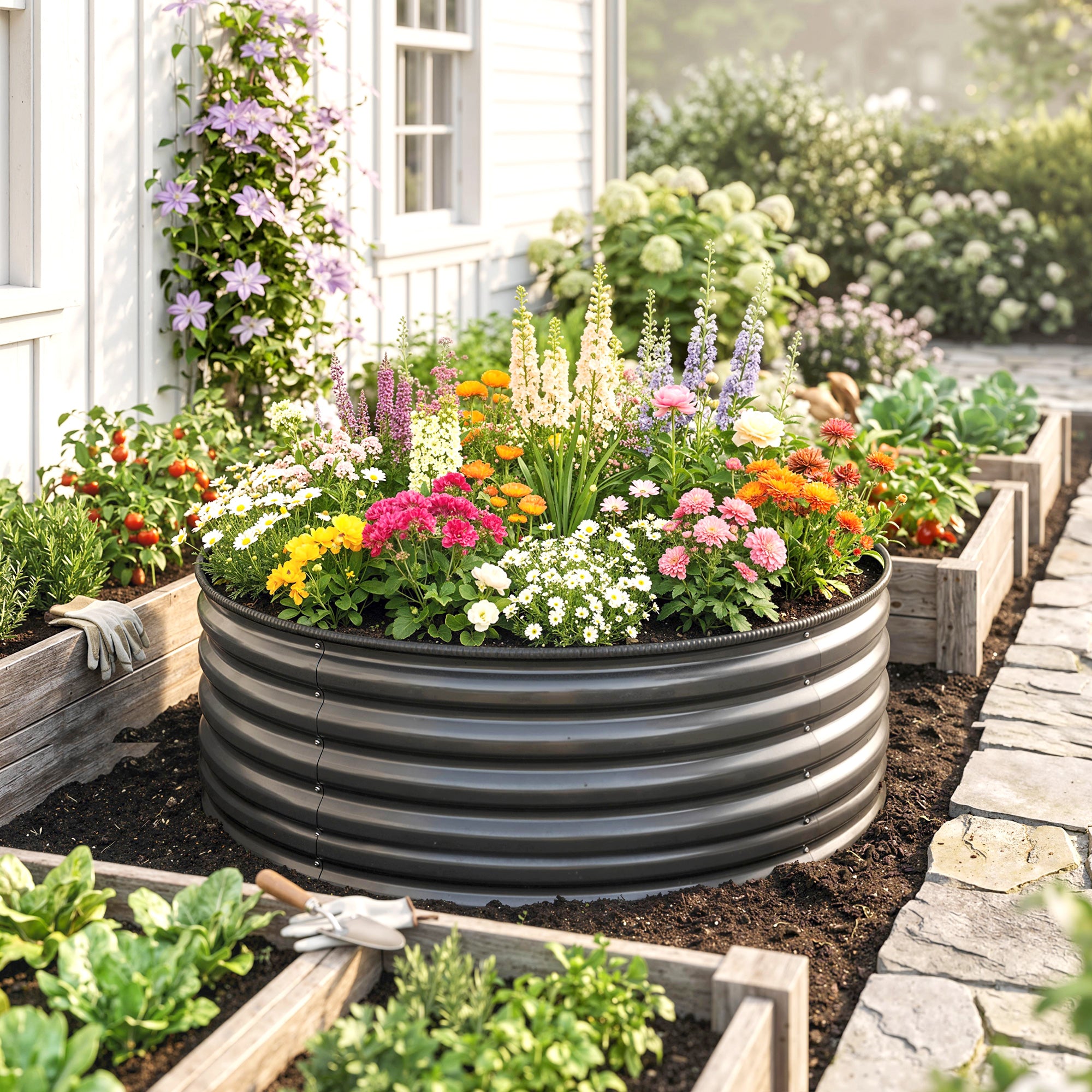 Outsunny Galvanised Raised Garden Bed with Safety Edging, Outdoor Raised Planter Box with Gloves, 120 x 120 x 43cm, Dark Grey