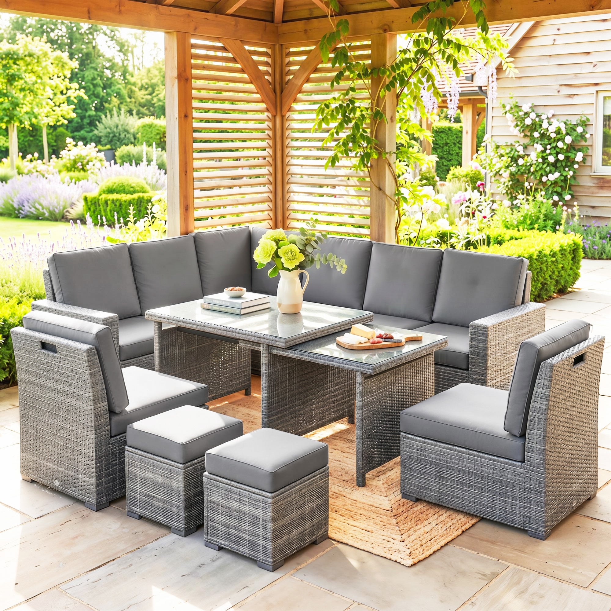 Outsunny Seven-Piece Rattan Garden Sofa Set, with Expanding Table - Light Grey