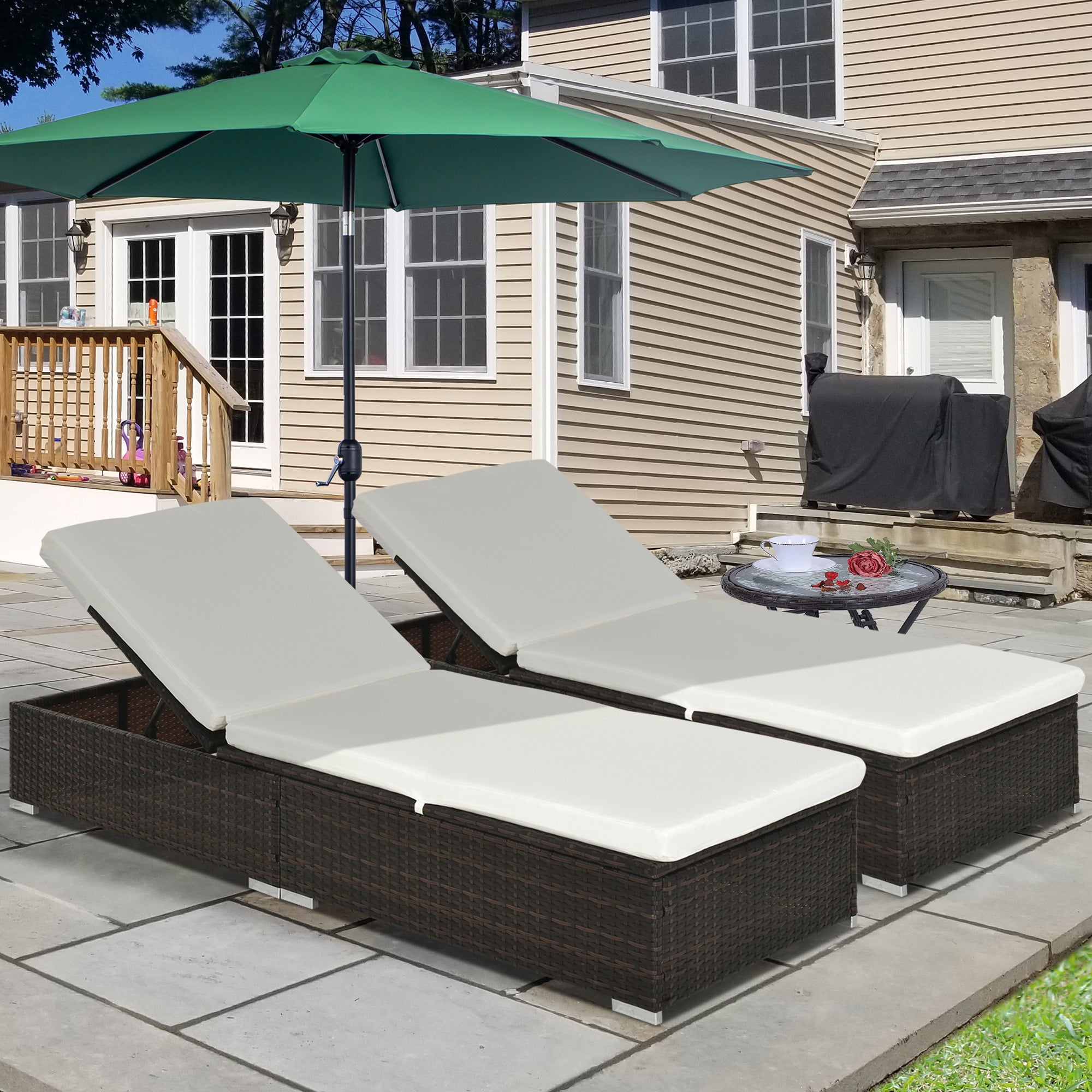 Outsunny PE Rattan Sun Lounger with Cushion, Outdoor Garden Sunbed Furniture with 5-Level Recliner Backrest, and Armrest, Set of 2, Brown - North Peak Garden Furniture