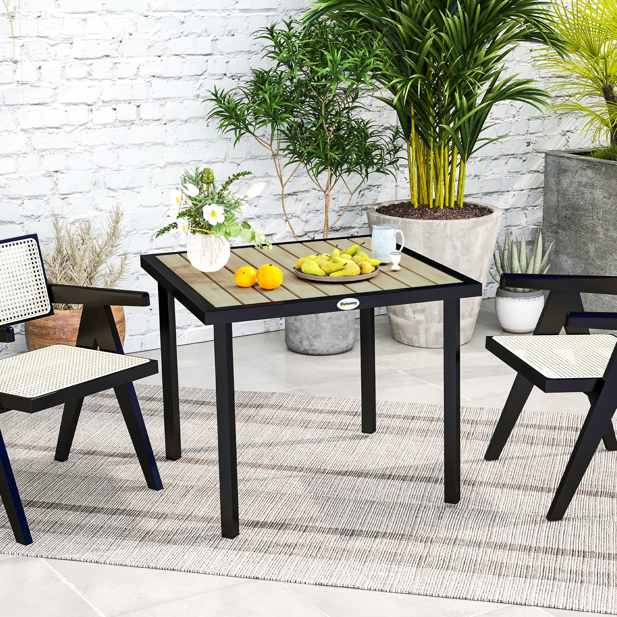 Outsunny Square Garden Dining Table with 5.4cm Parasol Hole, Slatted Top, Metal Frame, 86 x 86 x 71cm, Brown - North Peak Garden Furniture