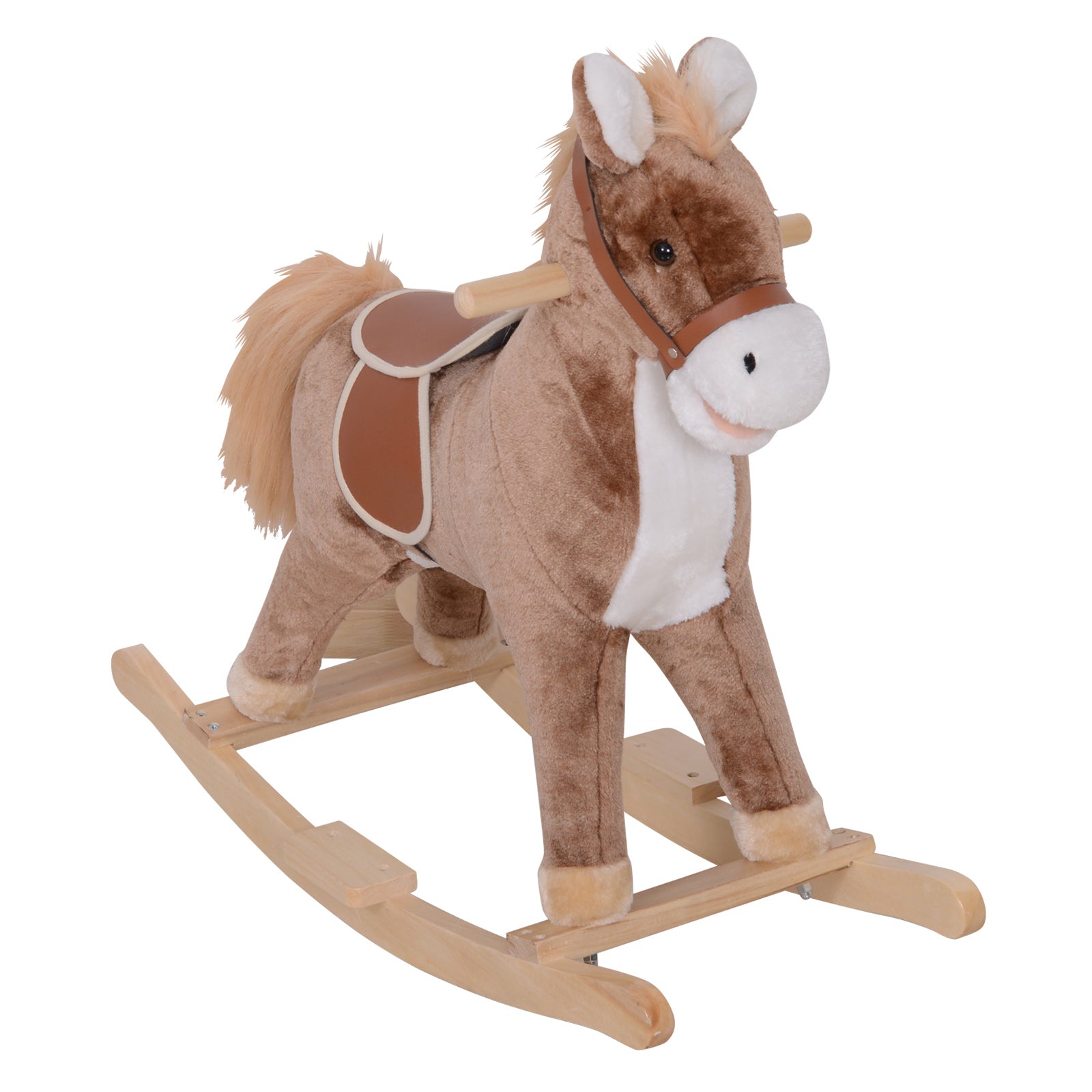 HOMCOM Kids Children Plush Rocking Horse Wooden Base Ride On Toy Rocker with Handle Grip Traditional Toy Fun Gift for Age 3+ (Brown & White) - North Peak Garden Furniture