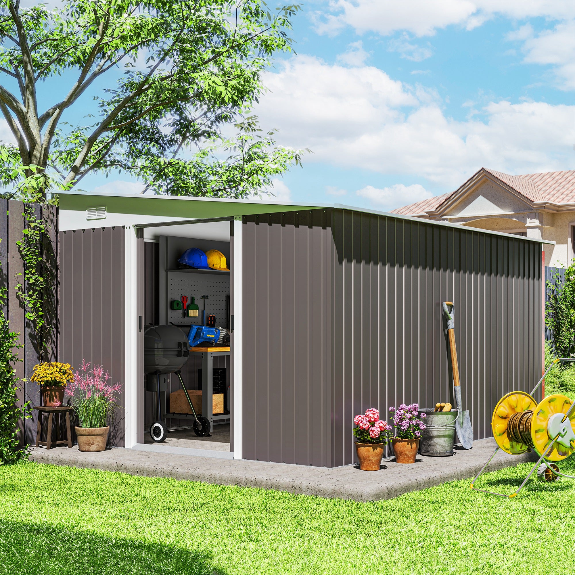Outsunny 11.3 x 9.2ft Lean to Metal Garden Shed, Outdoor Galvanised Tool Storage House with Double Sliding Doors and 2 Air Vents, Grey - North Peak Garden Furniture