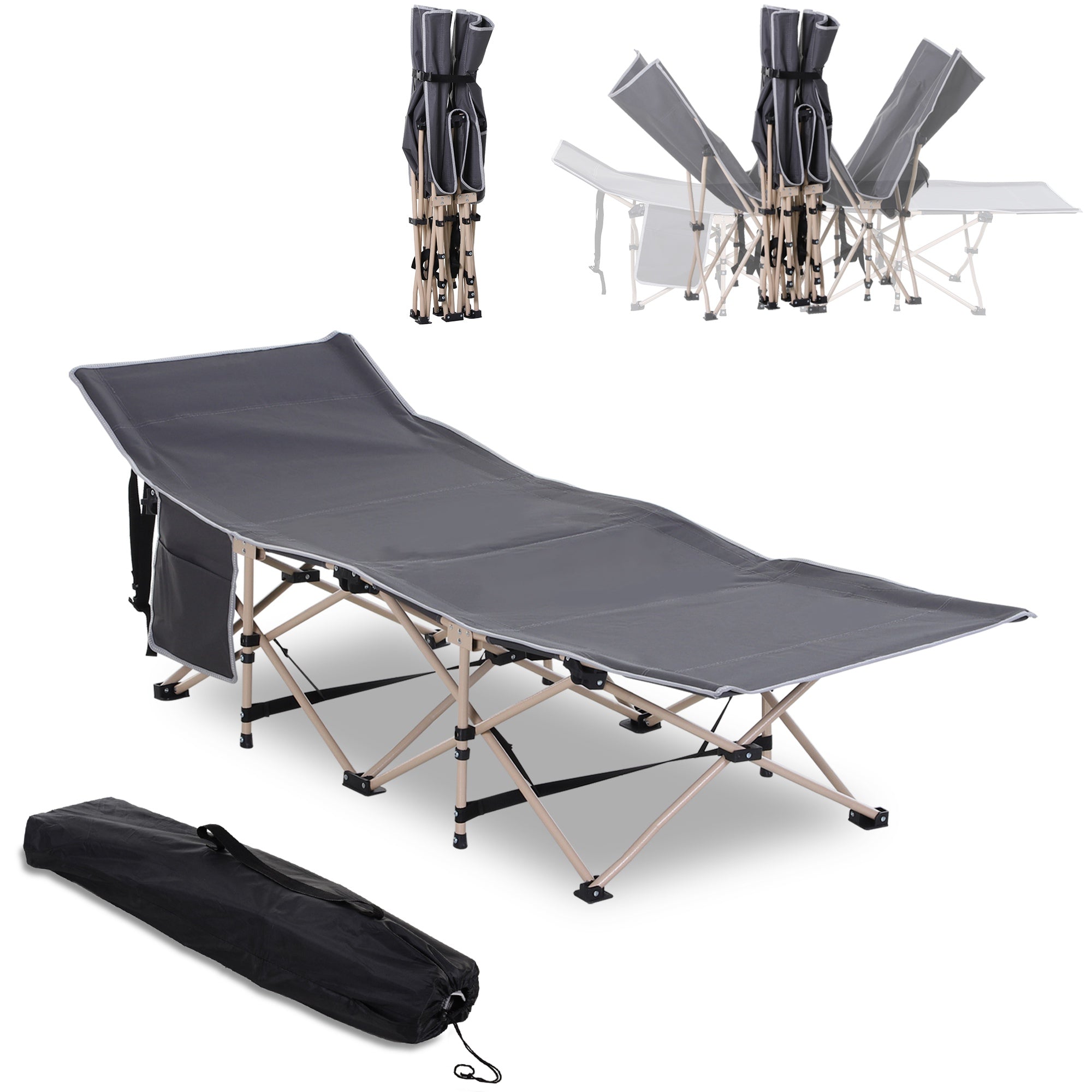 Outsunny Single Steel Frame Portable Camping Cot, with Carry Bag - Grey - North Peak Garden Furniture