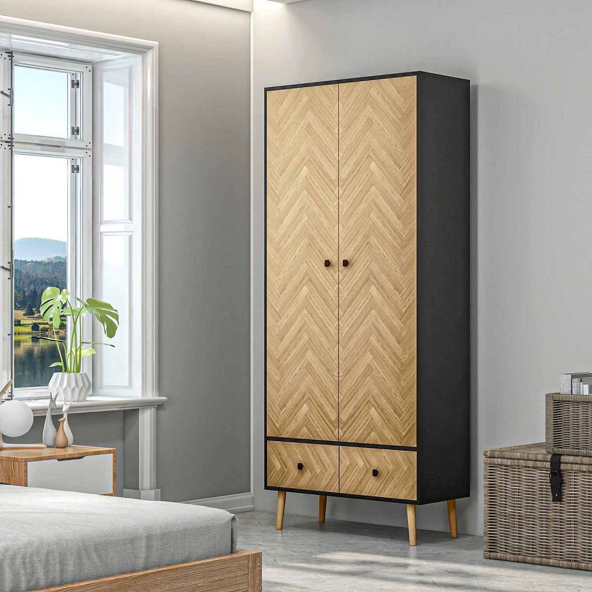 HOMCOM Modern Wardrobe Cabinet Wood Grain Sticker Surface with Shelf, Hanging Rod and 2 Drawers 90x50x190cm