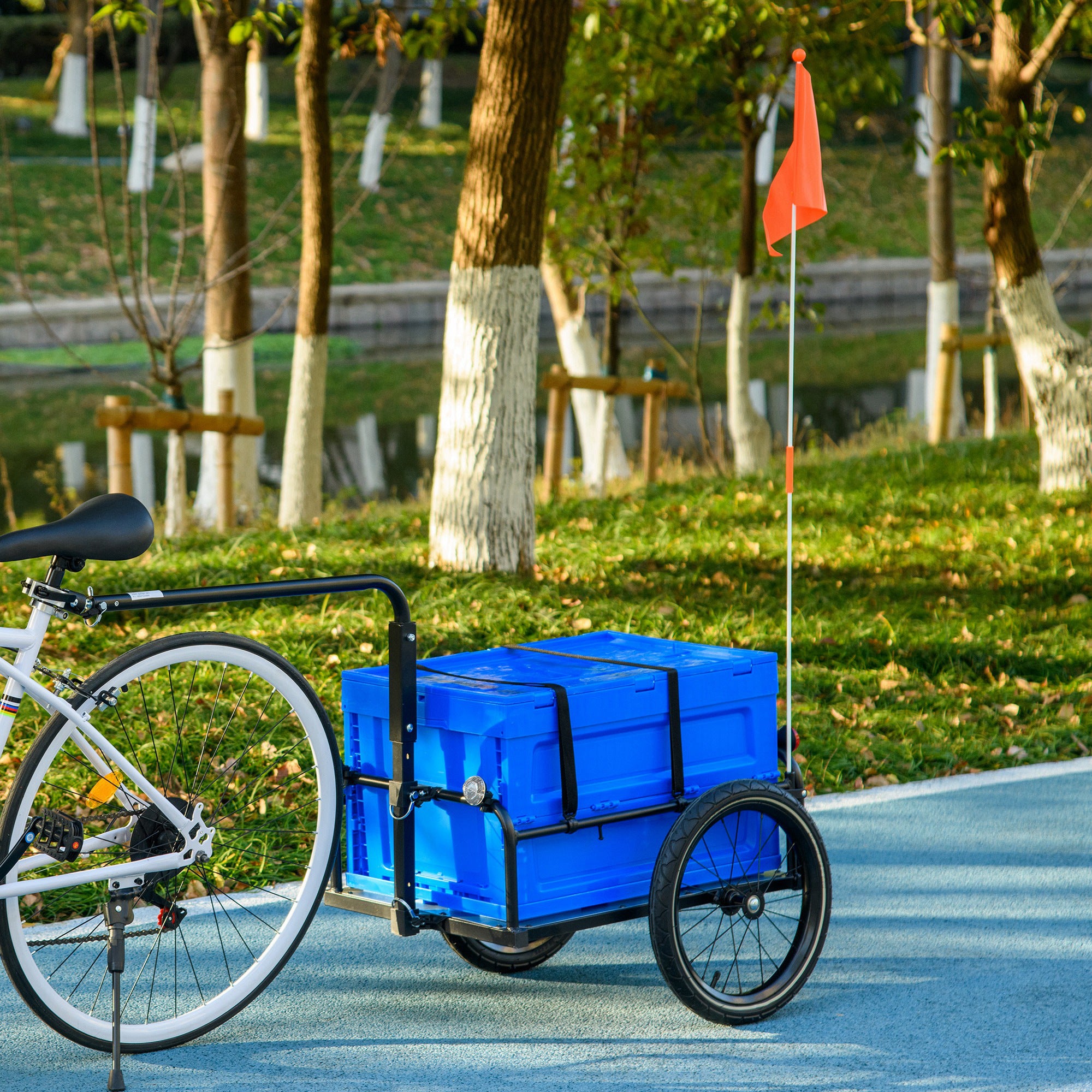 HOMCOM Steel Trailer for Bike, Bicycle Cargo Trailer with 65L Foldable Storage Box and Safe Reflectors, Max Load 40KG, Blue - North Peak Garden Furniture
