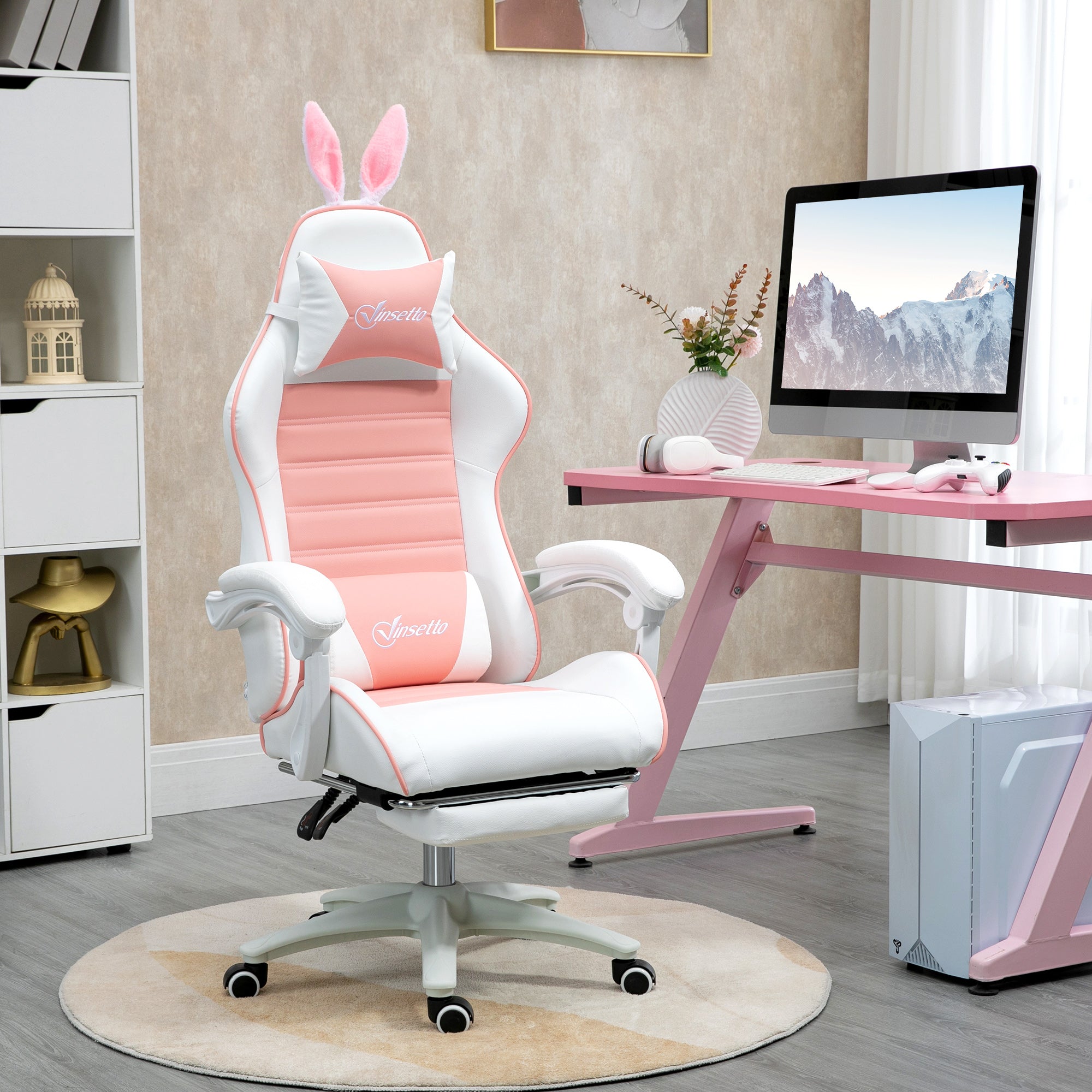 Vinsetto Racing Gaming Chair, Reclining PU Leather Computer Chair with Removable Rabbit Ears, Footrest, Headrest and Lumber Support, Pink - North Peak Garden Furniture