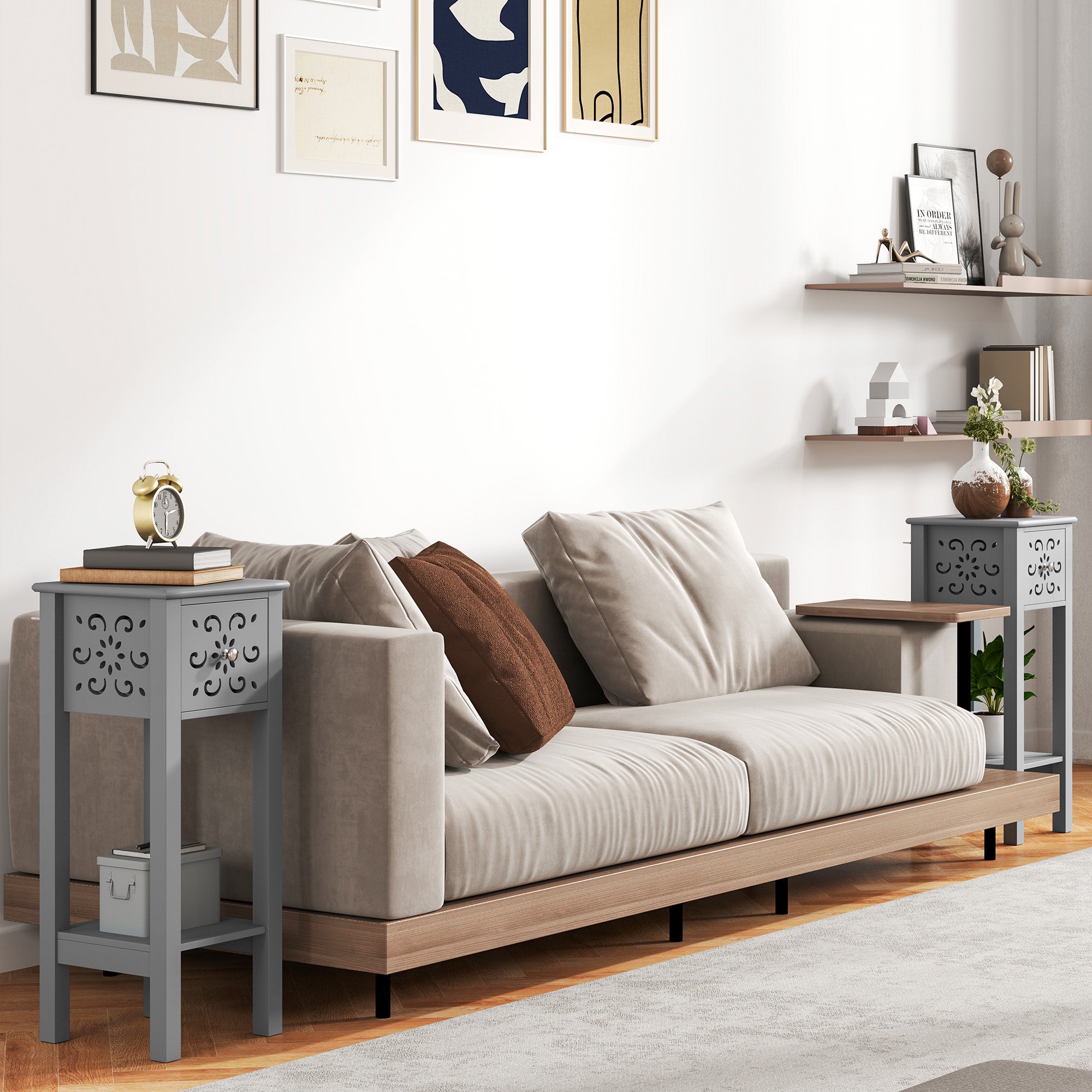 HOMCOM Set of Two Elegant Floral Cut-Out Side Tables - Grey - North Peak Garden Furniture