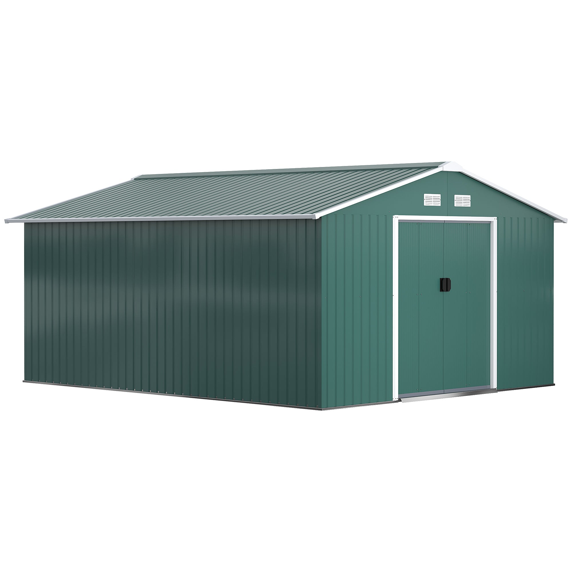 Outsunny 12.5 x 11.1ft Steel Sliding Door Storage Shed - Green - North Peak Garden Furniture