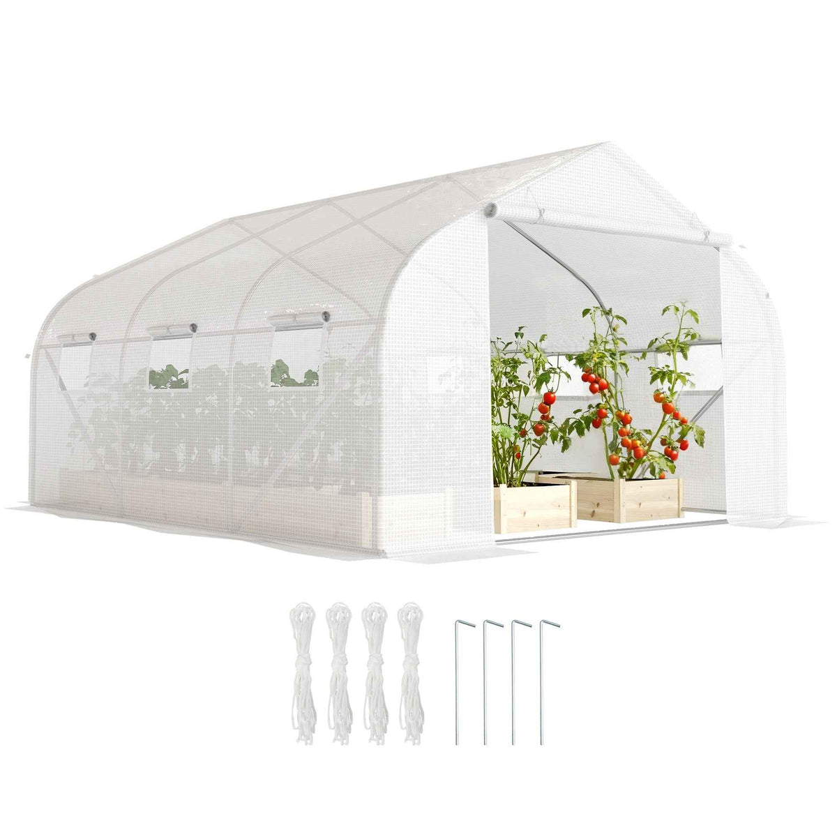 Outsunny Walk-In Polytunnel Greenhouse Warm House Garden Tunnel Shelter Plant Shed with Door and Windows, Galvanised Steel Frame, 3.5 x 3 x 2m, White