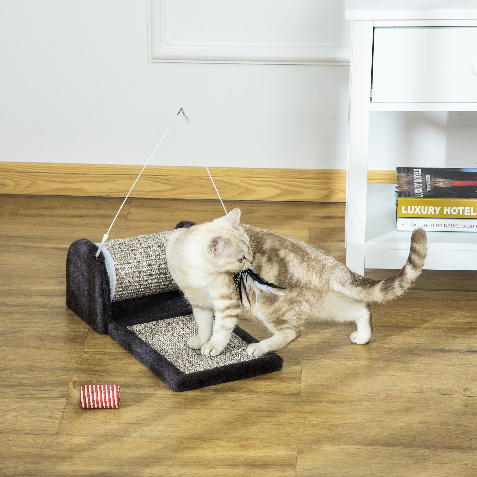 PawHut Cat Scratcher, Sisal Cat Scratching Board Mat Pad with Roller, Feather Toy, 44 x 24 x 16 cm, Grey - North Peak Garden Furniture
