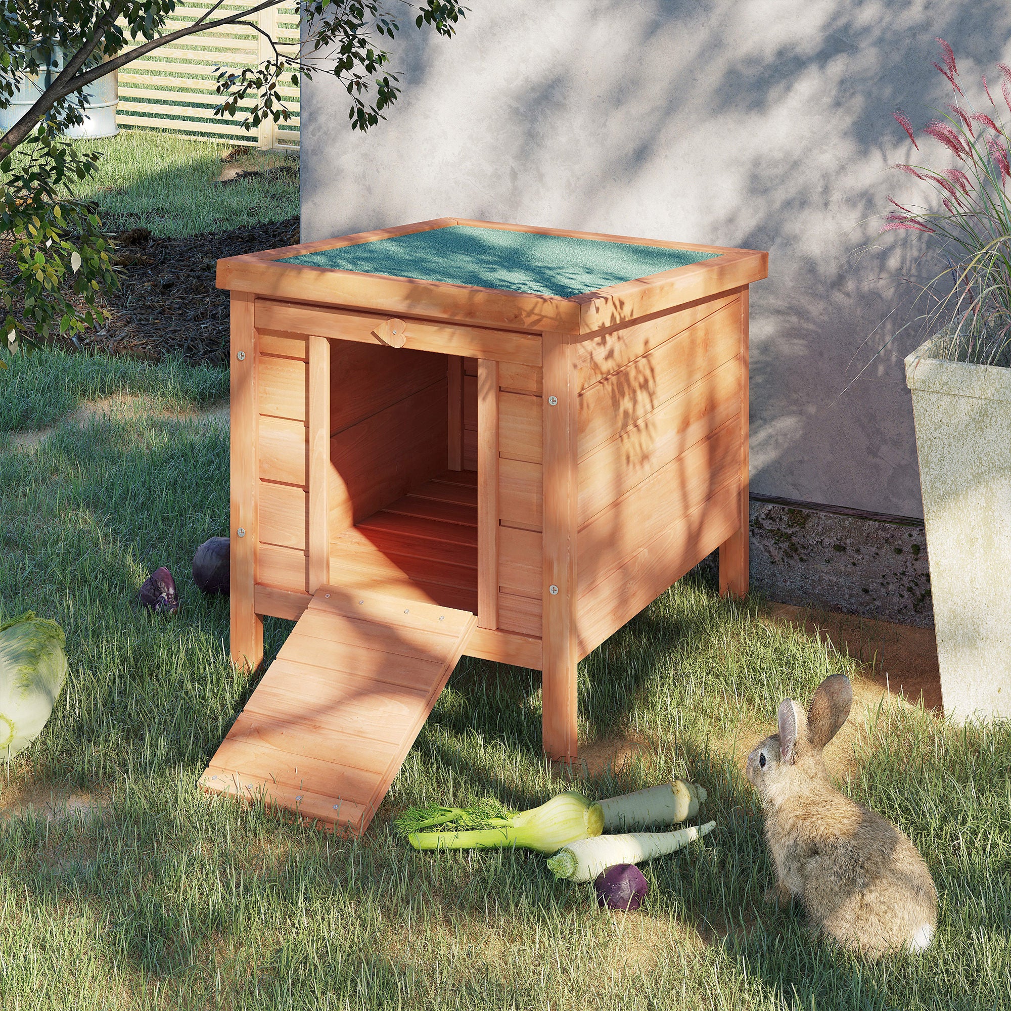 PawHut Wooden Rabbit Hutch Outdoor, Guinea Pig Hutch, Rabbit Hideaway, Cat House, Bunny Cage Small Animal House 51 x 42 x 43 cm, Natural - North Peak Garden Furniture
