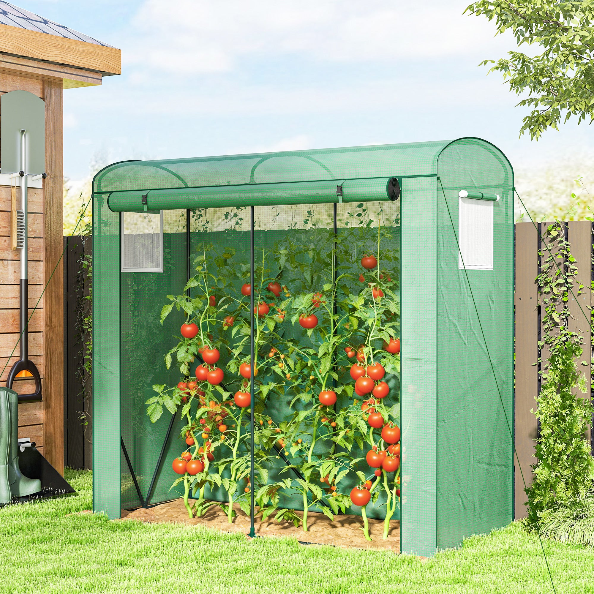 Outsunny Mini Greenhouse, Garden Tomato Growhouse with Roll-Up Door and 2 Mesh Windows, PE Cover, 200 x 75 x 188 cm, Green