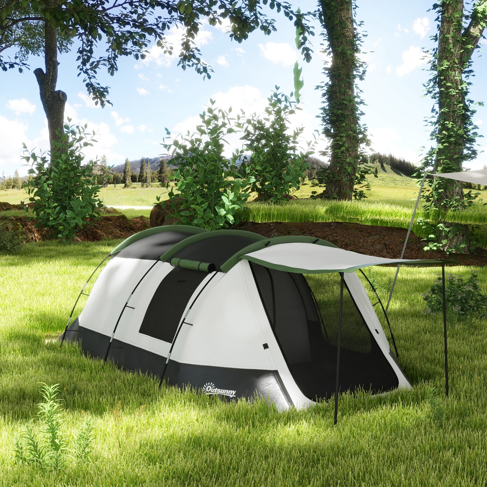 Outsunny Three-Man Camping Tent, with Two Rooms and Porch - Green - North Peak Garden Furniture