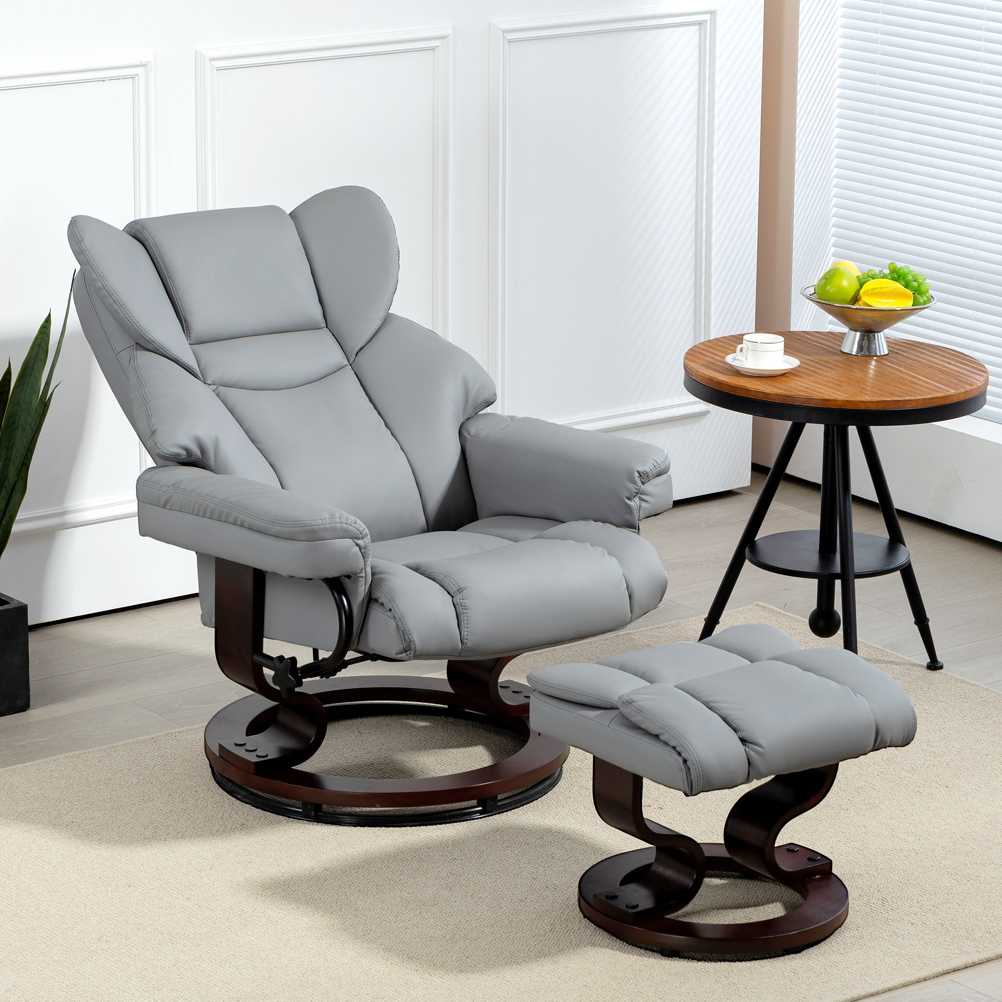 HOMCOM Faux Leather Recliner Chair and Footstool, Swivel Upholstered Armchair and Footstool with Adjustable Backrest, Solid Wood Base for Living Room, Light Grey - North Peak Garden Furniture
