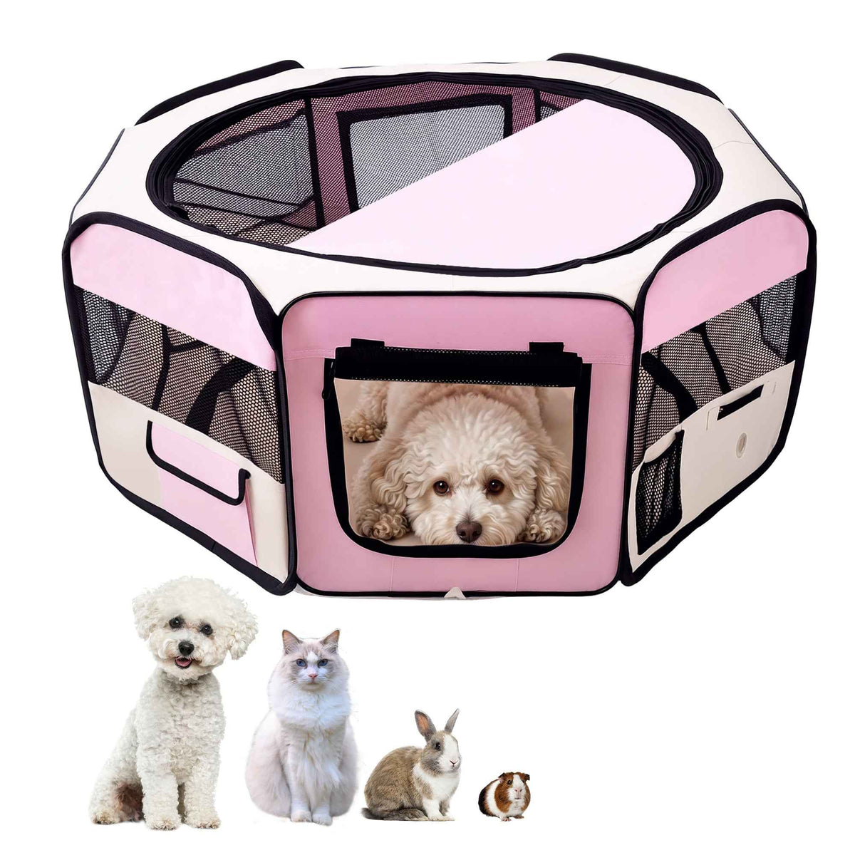 PawHut Portable Cat Dog Playpen Pet Puppy Rabbit Guinea Pig Pen Run Dia 90 x 41H cm Indoor & Outdoor Pink