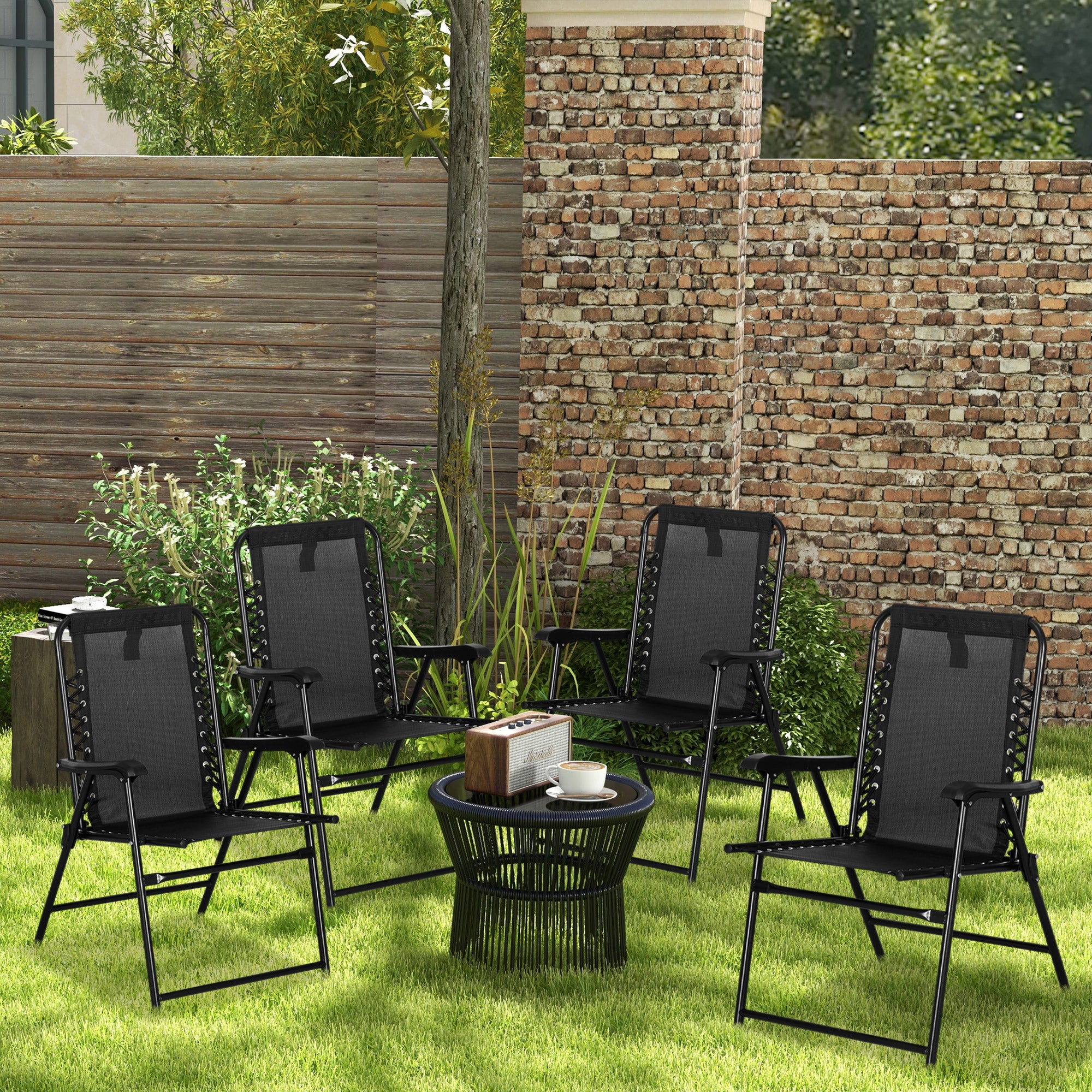 Outsunny 4 Pcs Patio Folding Chair Set, Outdoor Portable Loungers for Camping Pool Beach Deck, Lawn w/ Armrest Steel Frame Black - North Peak Garden Furniture
