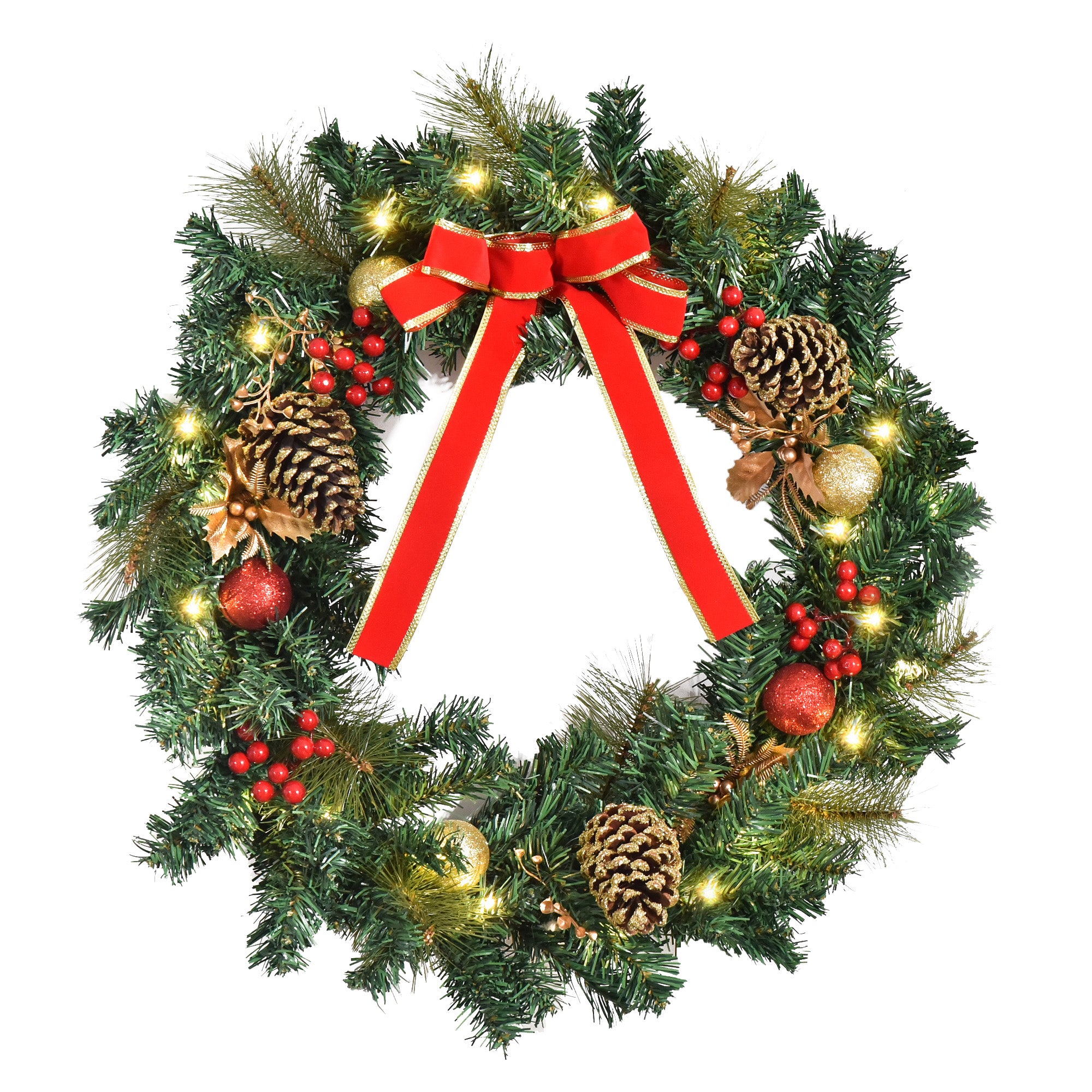 HOMCOM 60cm Pre-Lit Artificial Christmas Door Wreath Holly LED Decor Pine Cones Hanging Glittered Festival Indoor Outdoor Decoration - North Peak Garden Furniture
