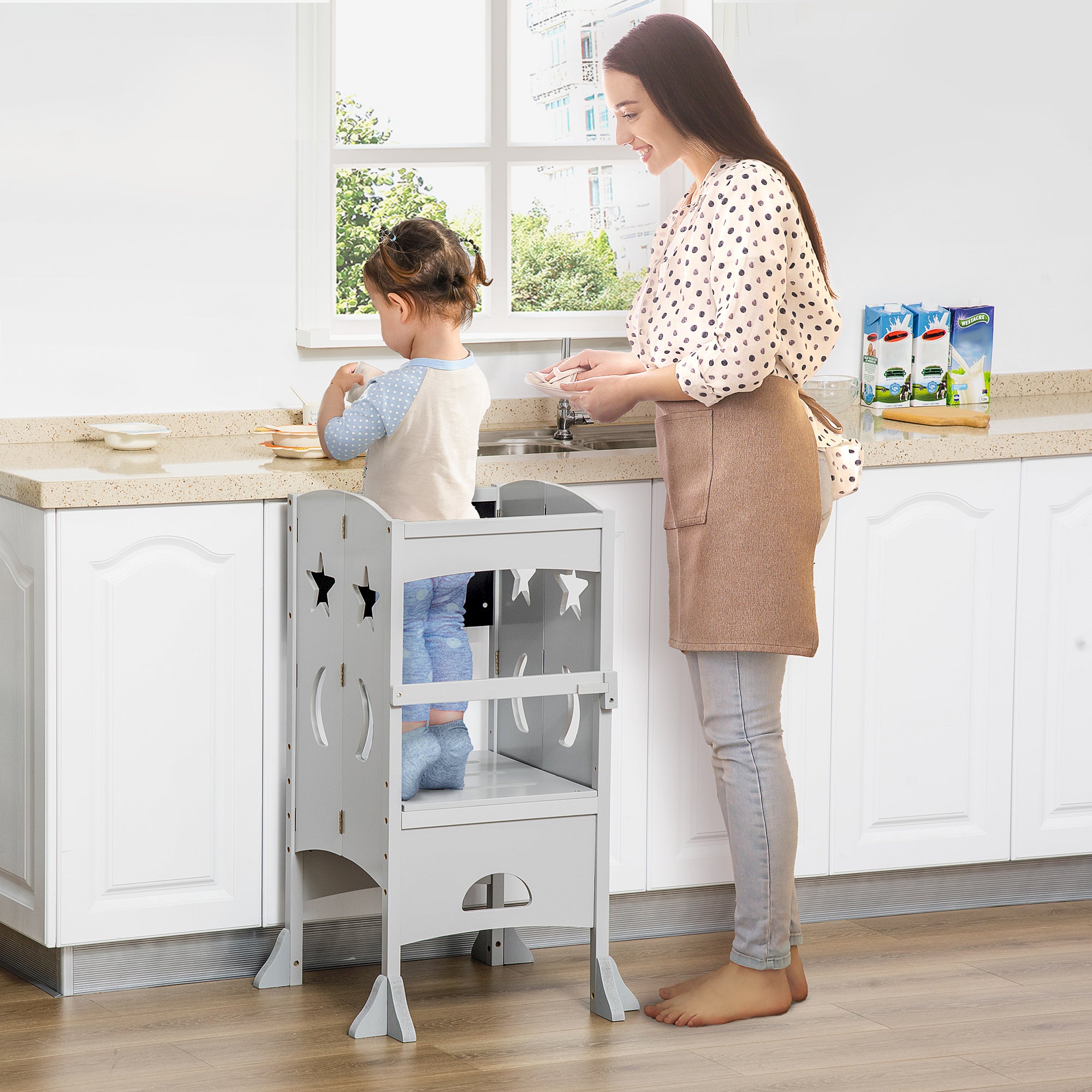 HOMCOM Kids Step Stool Toddler Kitchen Stool with Blackboard Lockable Handrail for Kids Kitchen Counter Grey - North Peak Garden Furniture