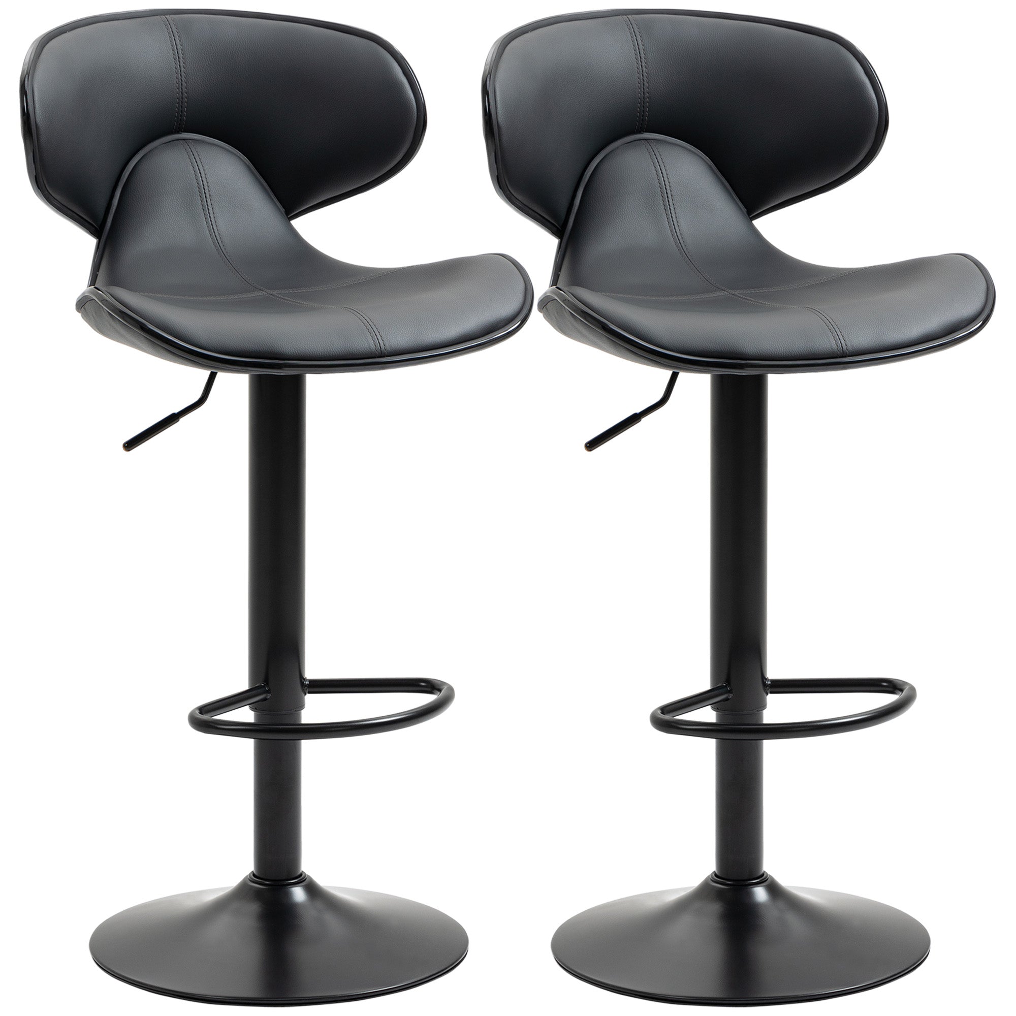 HOMCOM Adjustable Swivel Bar Stools Set of 2, Barstools with Footrest and Backrest, Steel Frame Gas Lift, for Kitchen Counter Dining Room, Grey - North Peak Garden Furniture