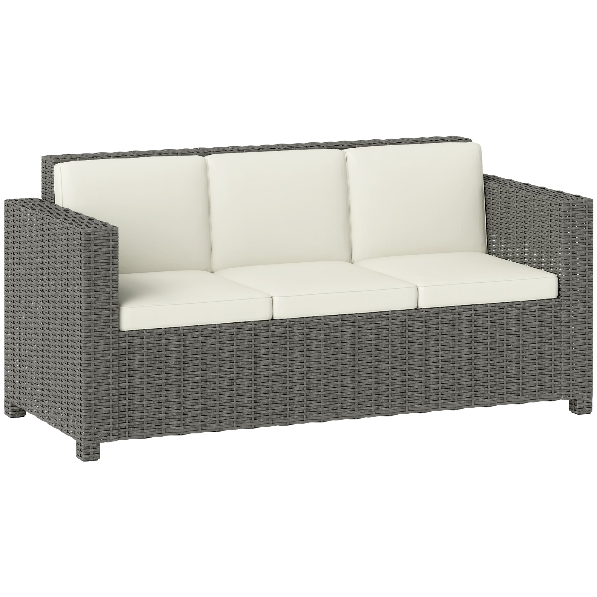 Outsunny 3 Seater Rattan Sofa All-Weather Wicker Weave Metal Frame Chair with Fire Resistant Cushio-Cream - North Peak Garden Furniture