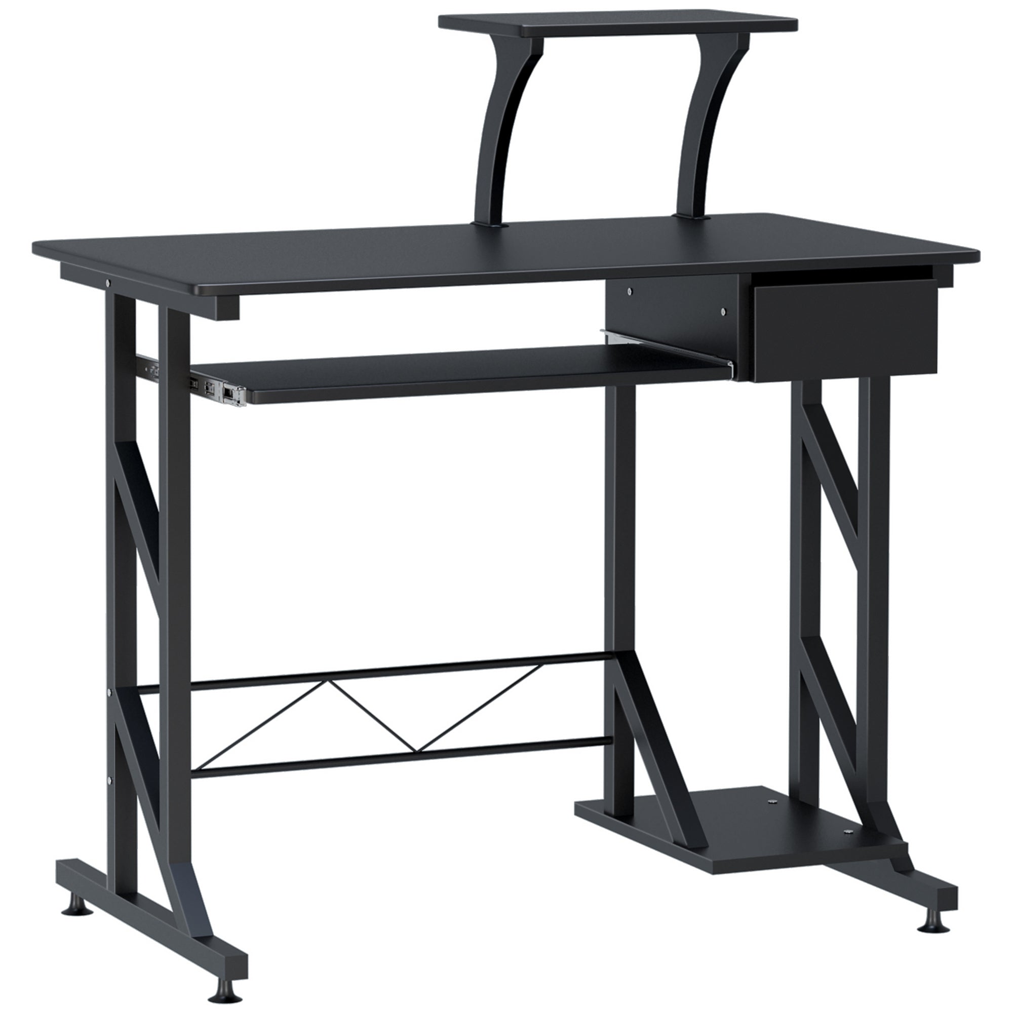 HOMCOM Computer Desk with Display Stand, Sliding Keyboard Tray Drawer and Host Box Shelf Home Office Workstation Black - North Peak Garden Furniture