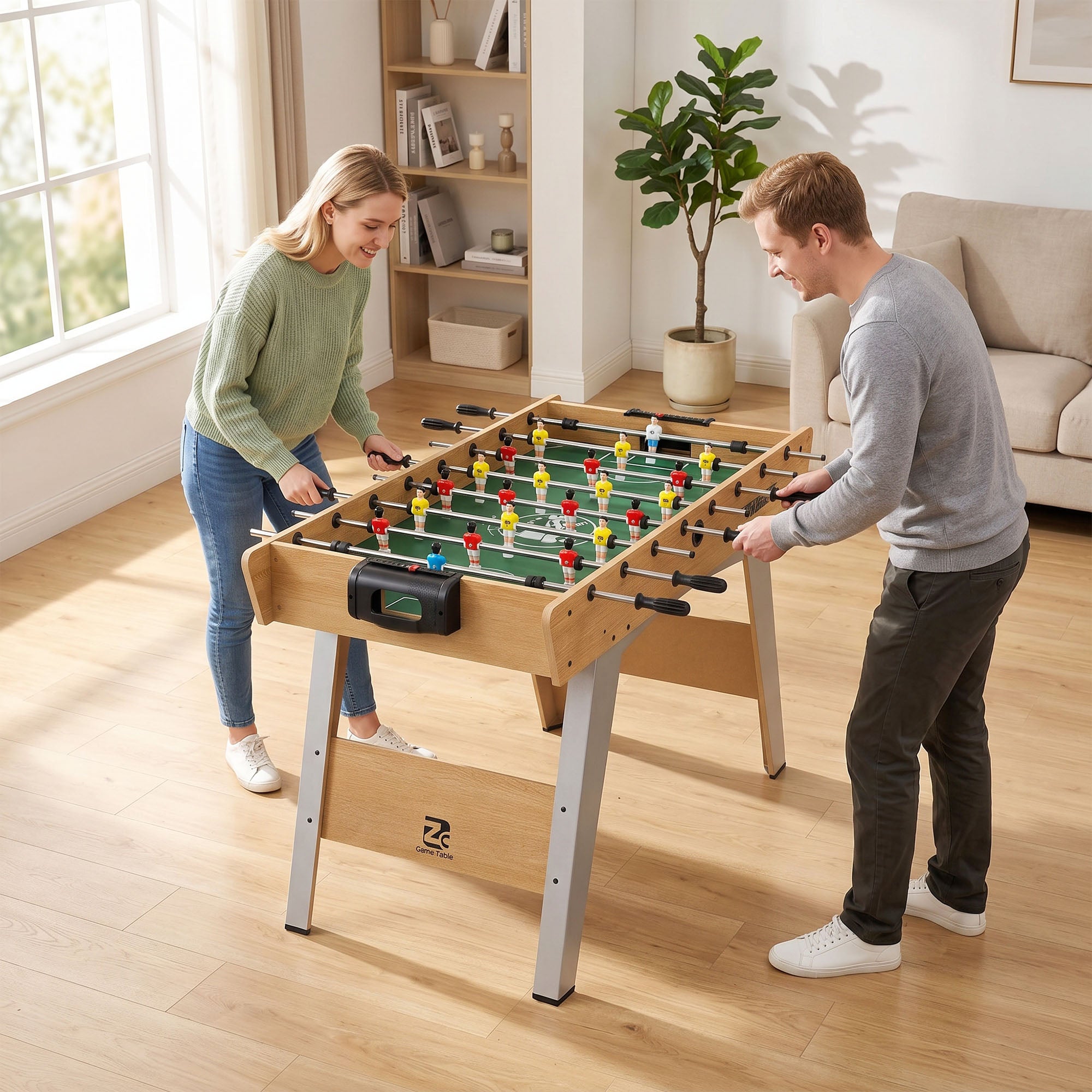 SPORTNOW 4ft Table Football, Foosball Game Table with 22 Players, 2 Balls and Manual Scorers for Family, Natural Wood Finish