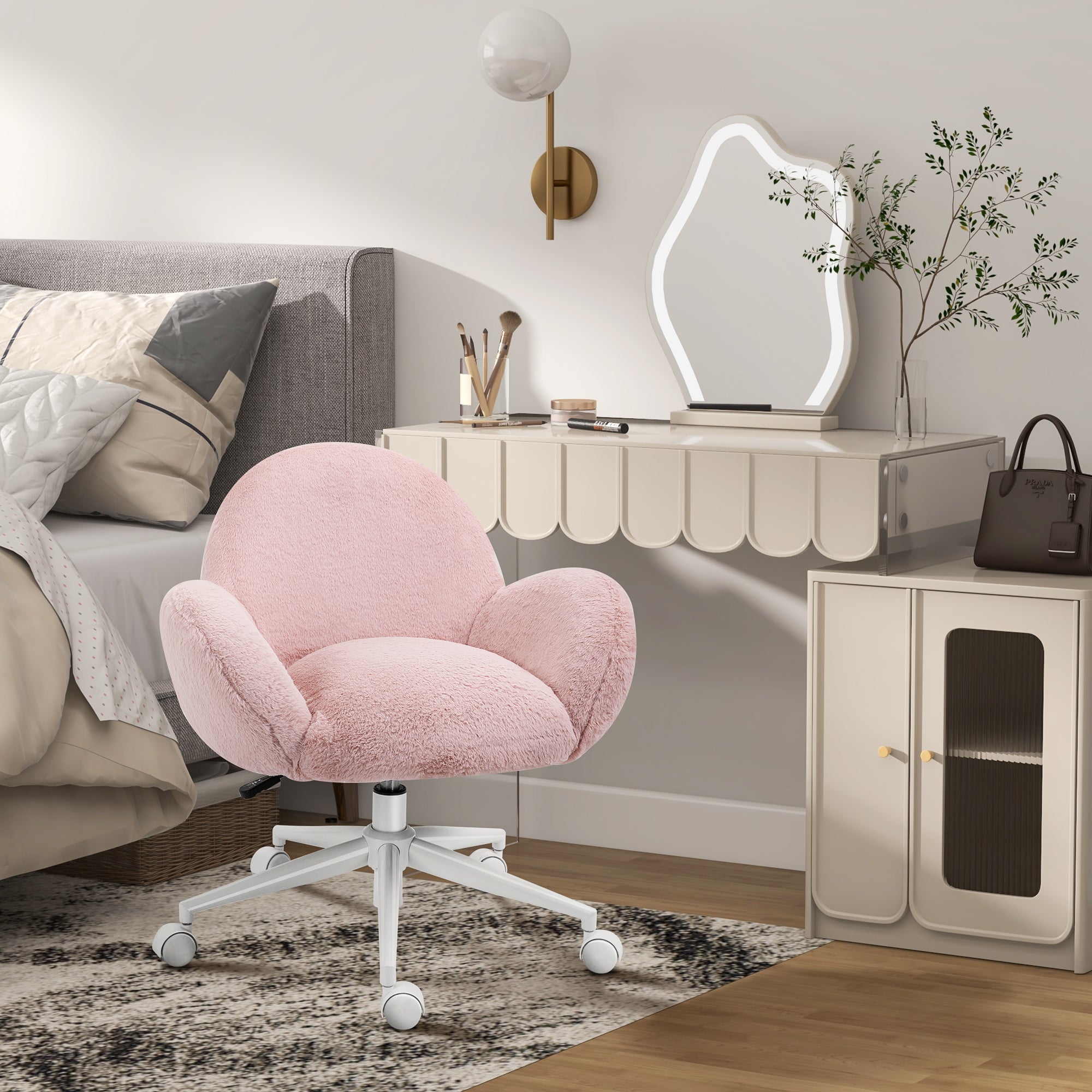 HOMCOM Makeup Vanity Chair, Cute Fluffy Desk Chair with Rolling Wheels for Bedroom Living Room, Pink - North Peak Garden Furniture
