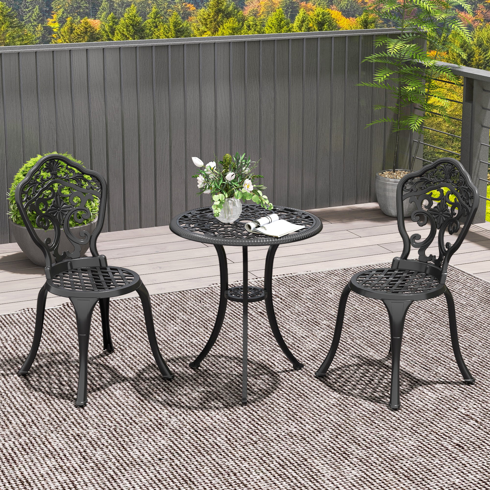 Outsunny Three-Piece Aluminium Floral Bistro Set - Black - North Peak Garden Furniture
