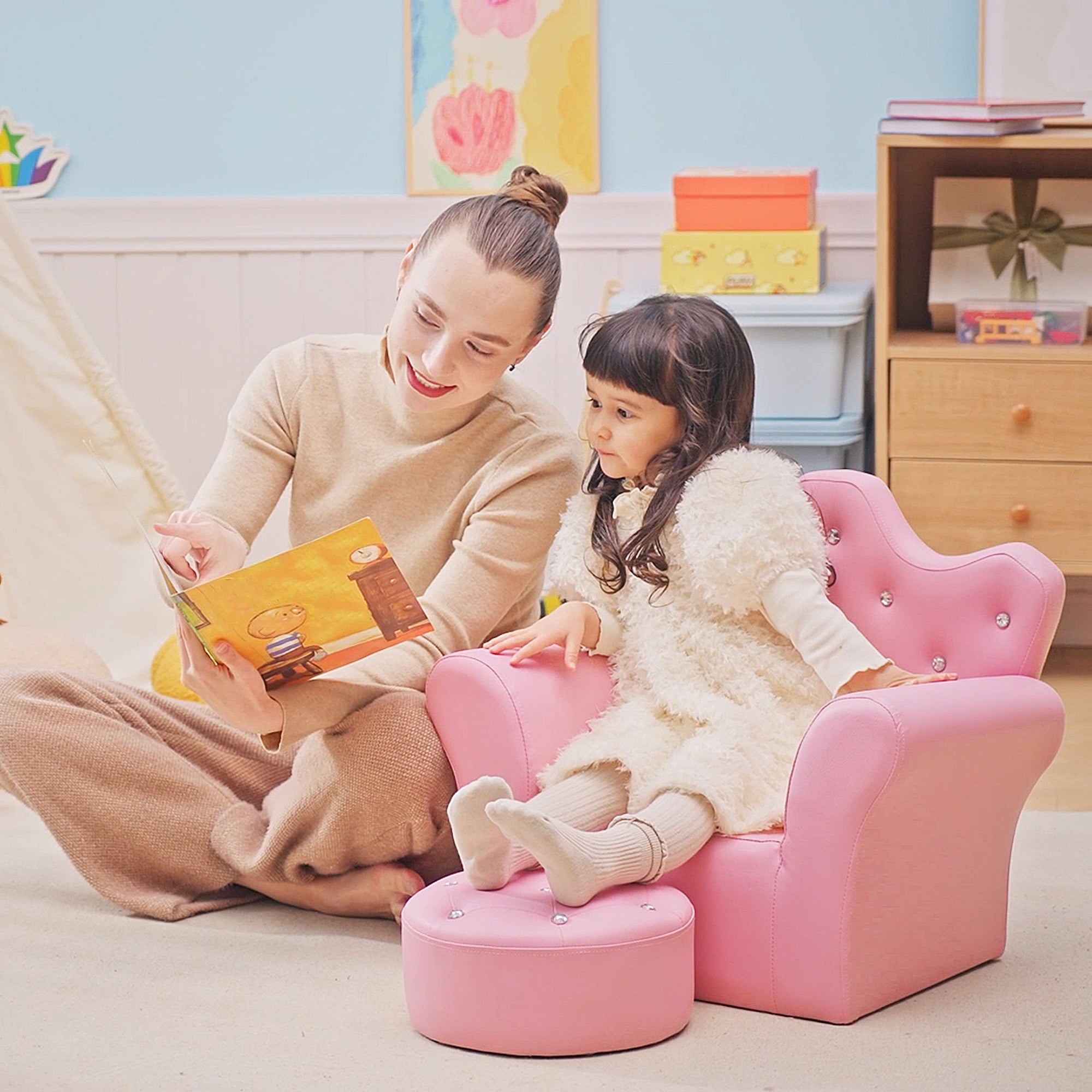 HOMCOM Children Kids Sofa Set Armchair Chair Seat with Free Footstool PU Leather for Girls 58L x 40.5W x 49H cm Pink - North Peak Garden Furniture