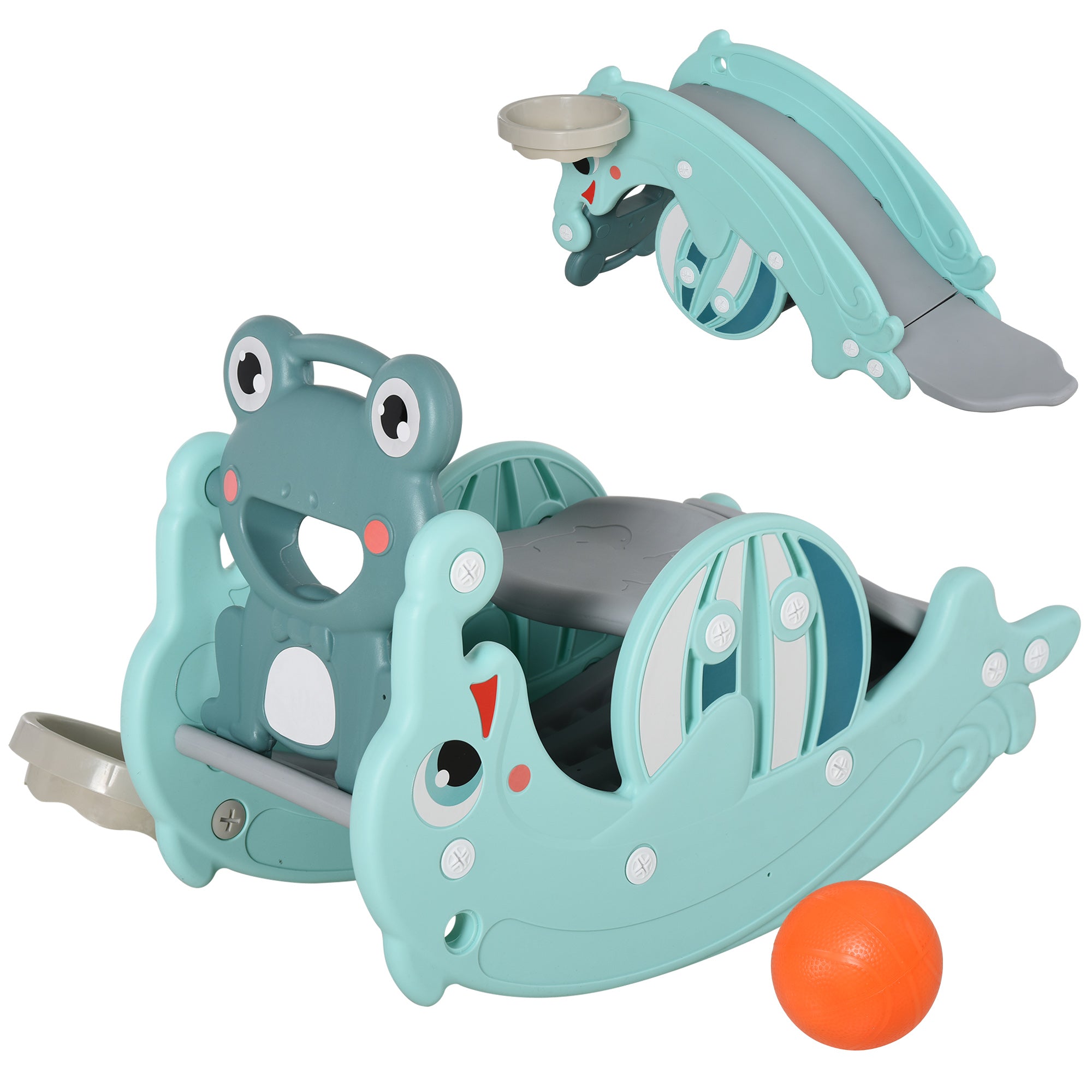 HOMCOM 3-in-1 Baby Rocking Horse Portable Slide Basketball Hoop Equipment Indoor Outdoor Playground Toy, Age 18-36 Months, Green - North Peak Garden Furniture