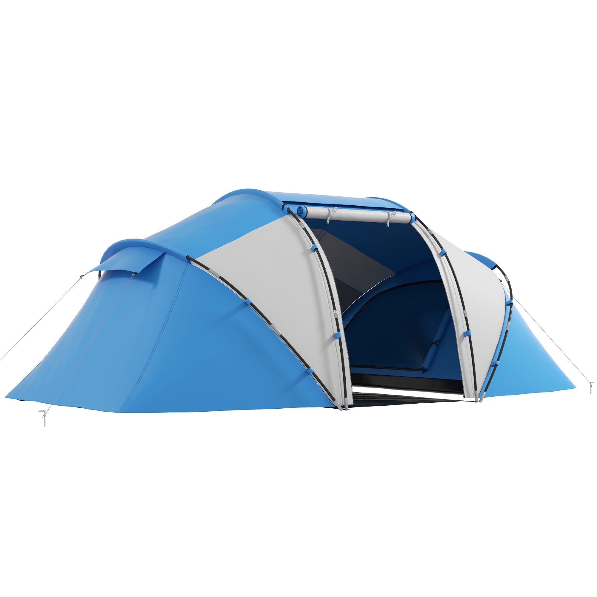Outsunny 4-6 Man Camping Tent w/ Two Bedroom, Hiking Sun Shelter, UV Protection Tunnel Tent, Blue and White - North Peak Garden Furniture