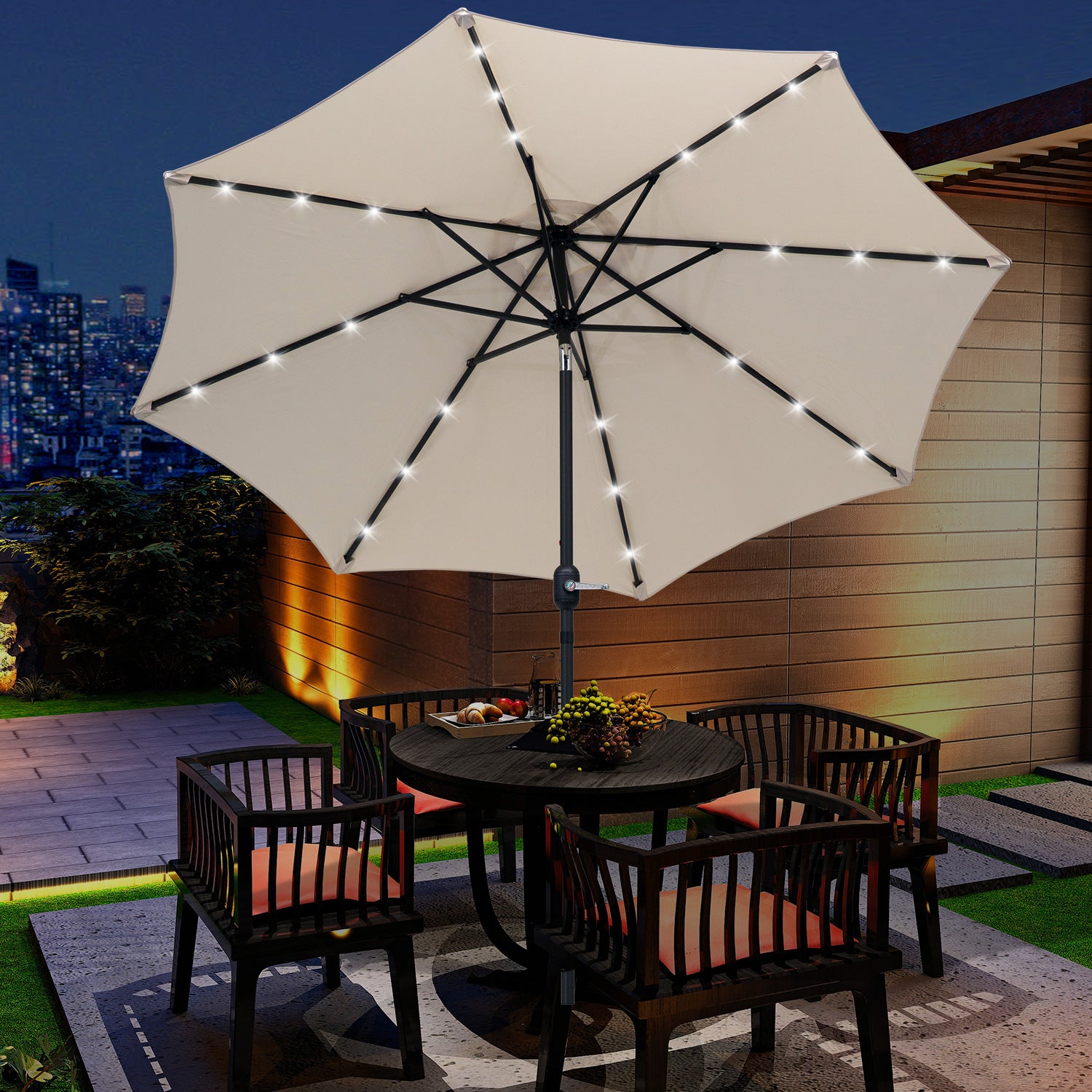Outsunny 2.7m Patio Garden Umbrella Outdoor Parasol with Tilt Crank and 24 LEDs Lights (Cream) - North Peak Garden Furniture