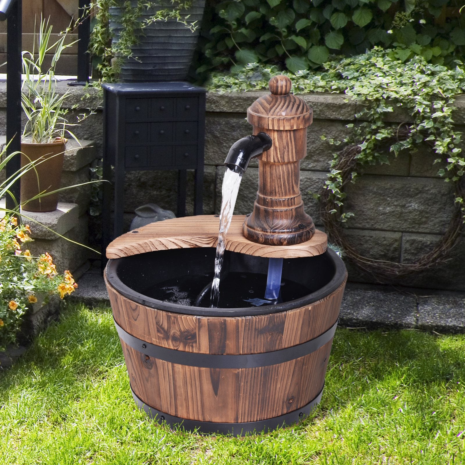 Outsunny Wood Barrel Patio Water Fountain Garden Decorative Ornament Water Feature with Electric Pump (Type A) - North Peak Garden Furniture