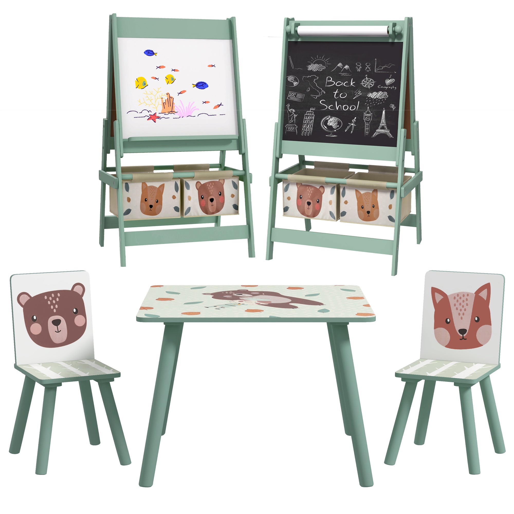 ZONEKIZ Kids Table and Chair Set and Kids Easel with Paper Roll, Storage Baskets, Kids Activity Furniture Set, Green - North Peak Garden Furniture
