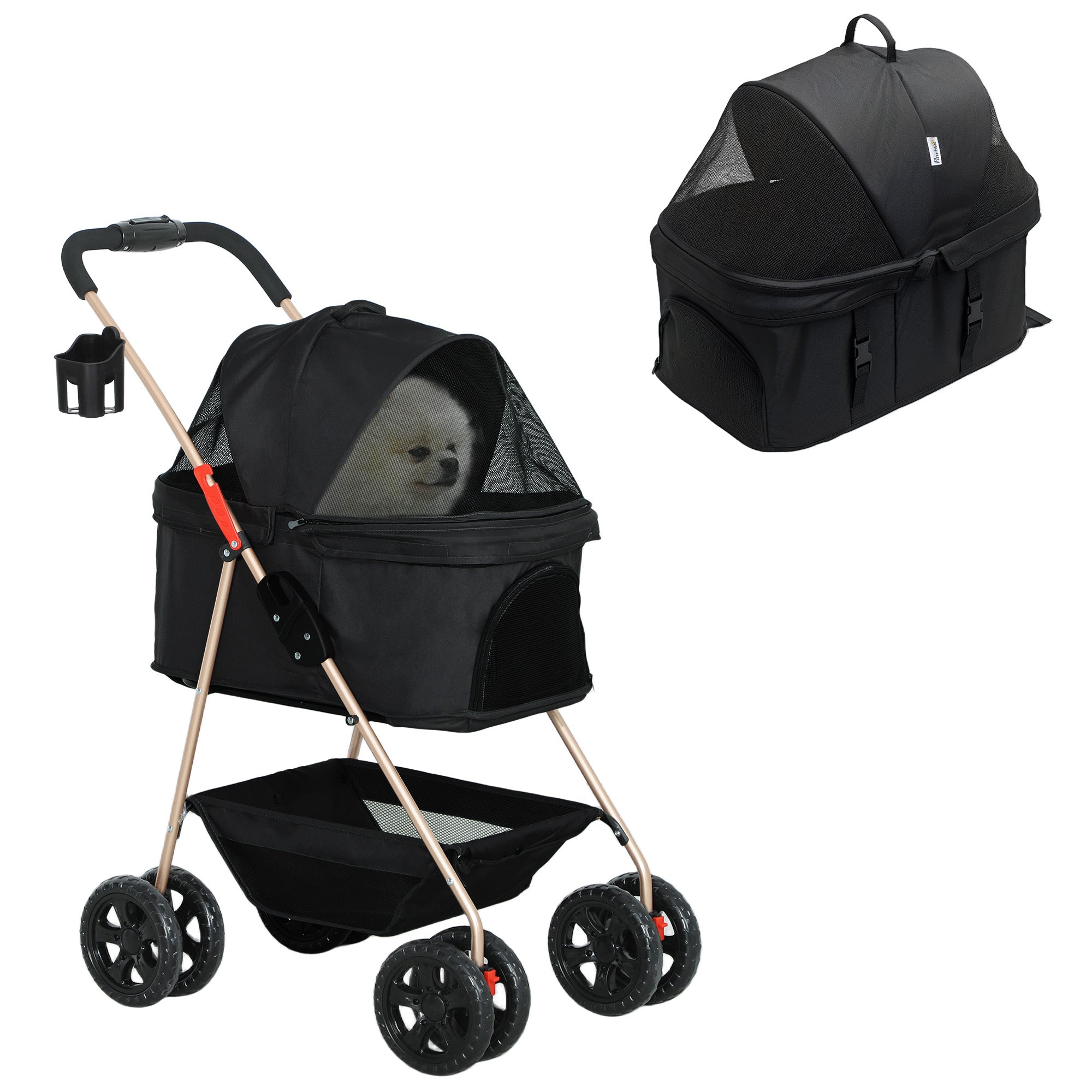 PawHut 3 in 1 Pet Stroller, Folding 4 Wheels Dog Pram with Detachable Carrier for Mini Dogs Cats, Black - North Peak Garden Furniture