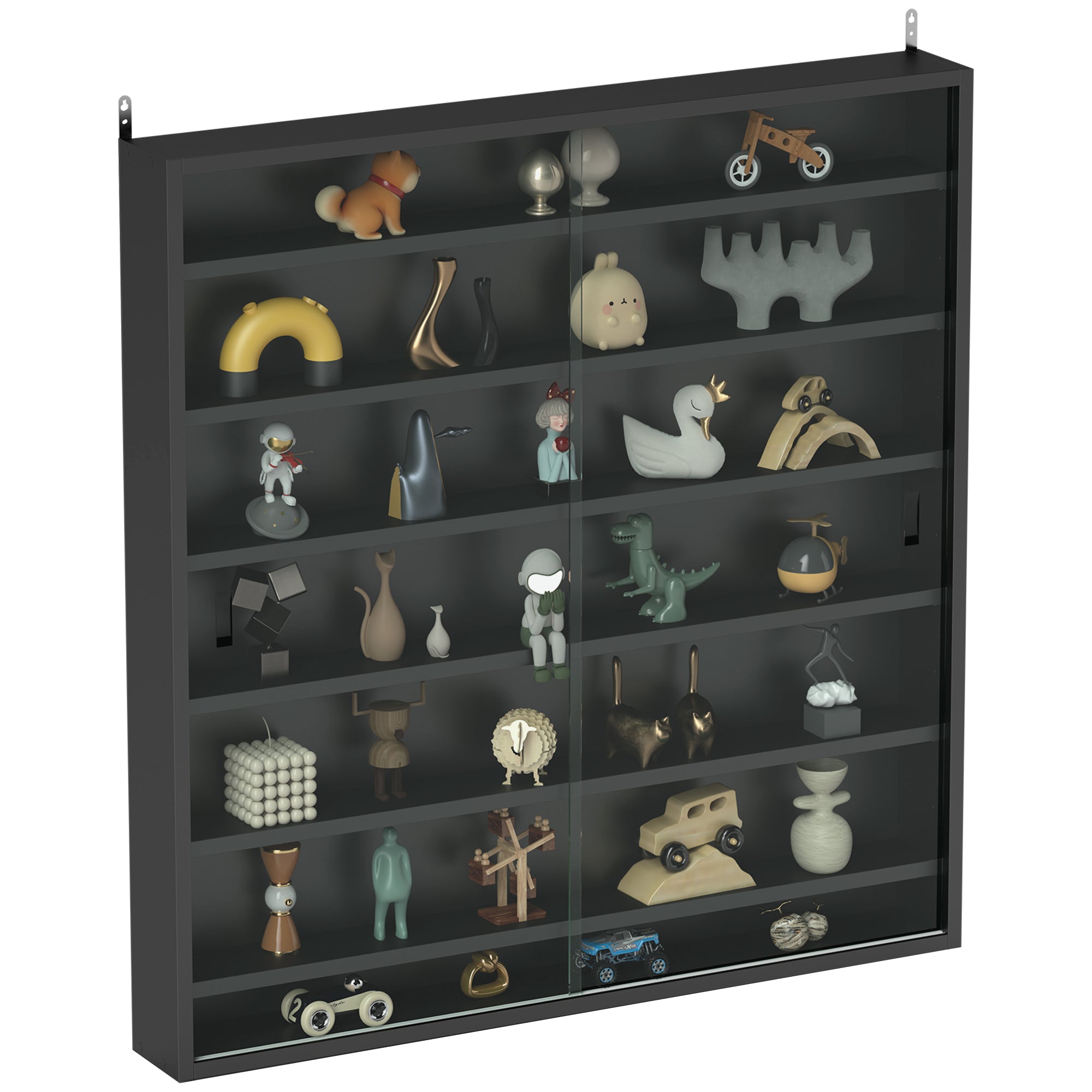 HOMCOM 7-Tier Wall Display Shelf Unit Cabinet w/ 6 Adjustable Shelves Glass Doors Home Office Ornaments 83x80cm, Black - North Peak Garden Furniture