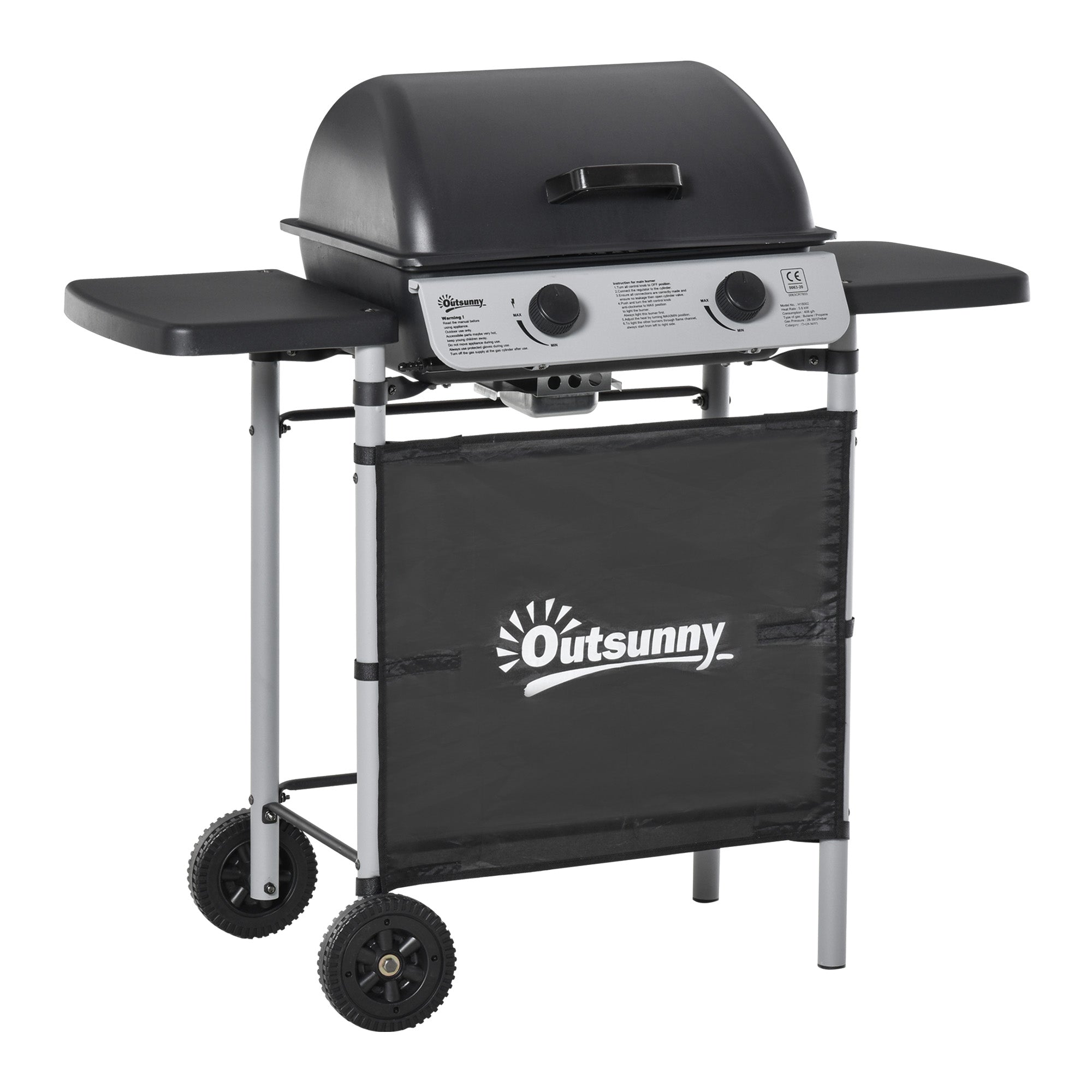 Outsunny 2 Burner Gas BBQ Trolley with Lid, 5.6 kW Gas Barbecue Grill with Wheels, Side Shelves, Grey - North Peak Garden Furniture