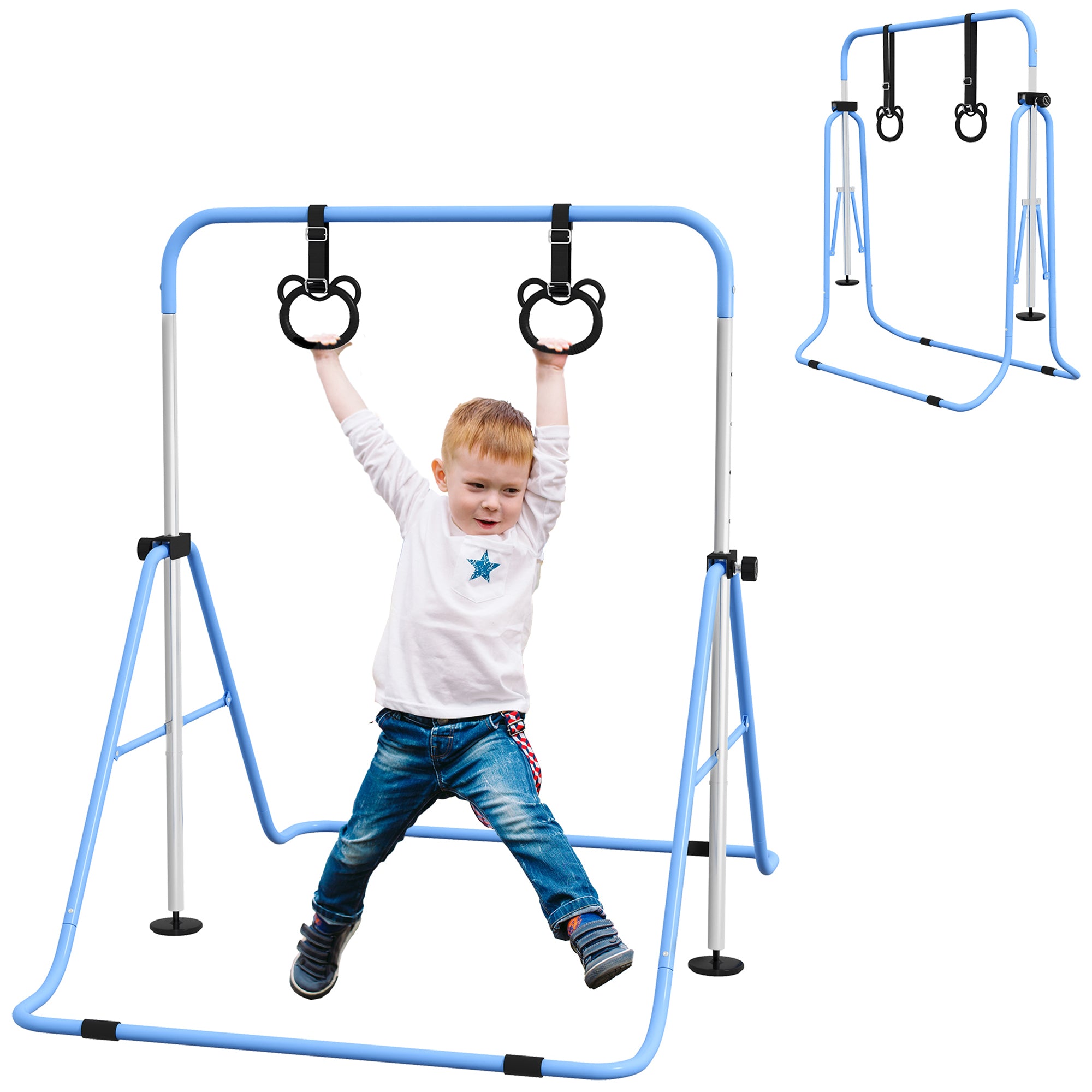 HOMCOM Adjustable Height, Foldable Kids Gymnastics Bar w/ Non-Slip Mats, for 3+ Years, Blue - North Peak Garden Furniture